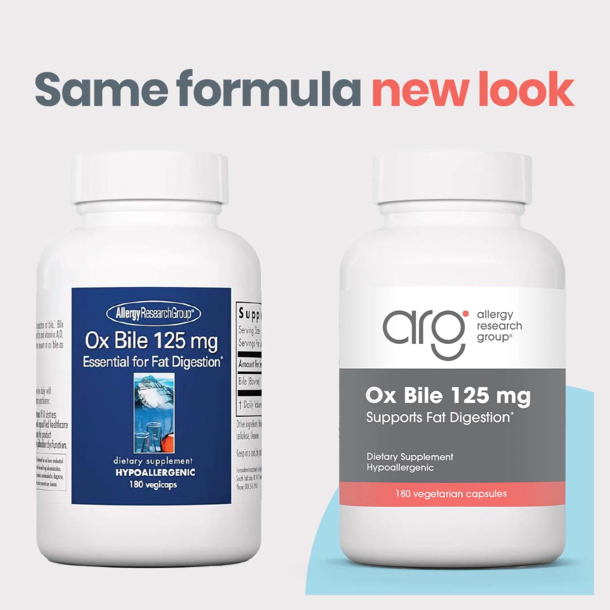 OxBile 125 mg 180 ct, etiqueta del bote con información clave.