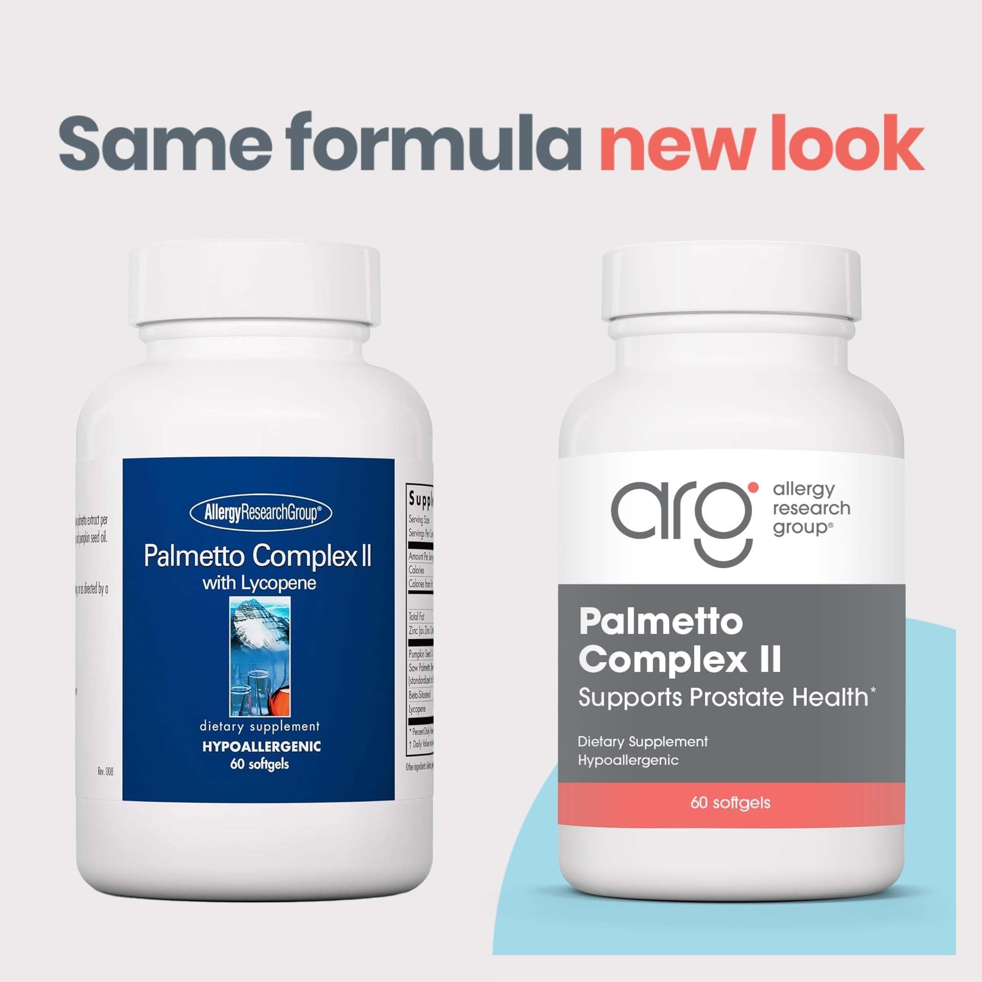 Allergy Research Group Palmetto Complex II - etiqueta informativa sobre fórmula y beneficios.
