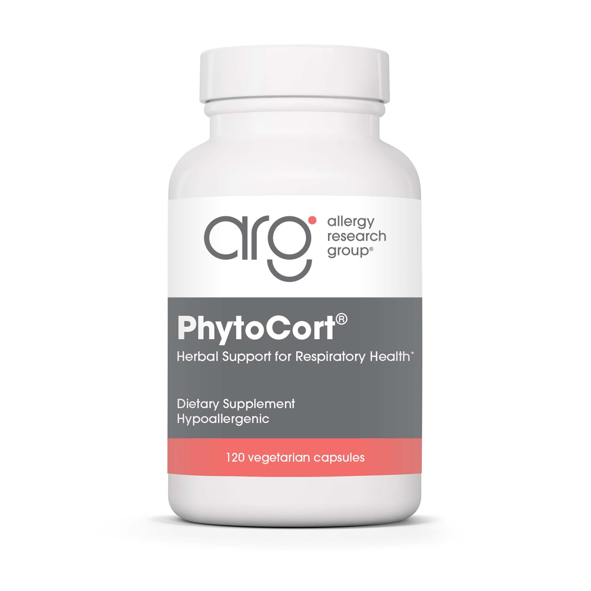PhytoCort de Allergy Research Group, botella de cápsulas para apoyo respiratorio diario