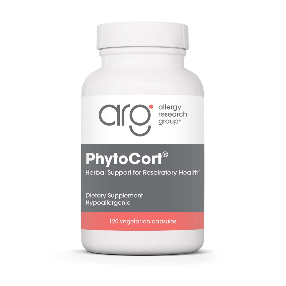 PhytoCort de Allergy Research Group, botella de cápsulas para apoyo respiratorio diario