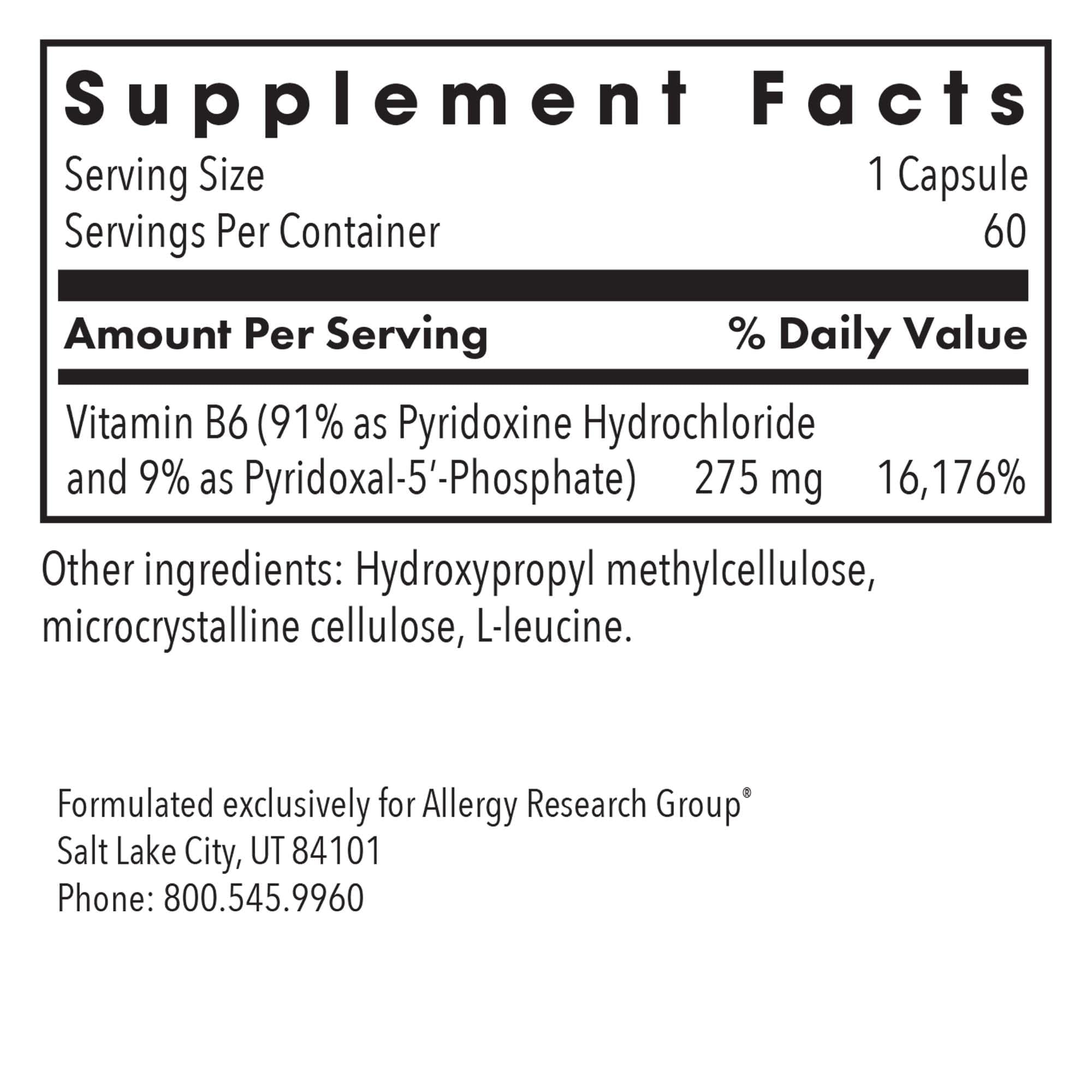 Allergy Research Group Pyridoxina P5P, cápsulas vegetarianas, opción hipoalergénica para la rutina diaria.