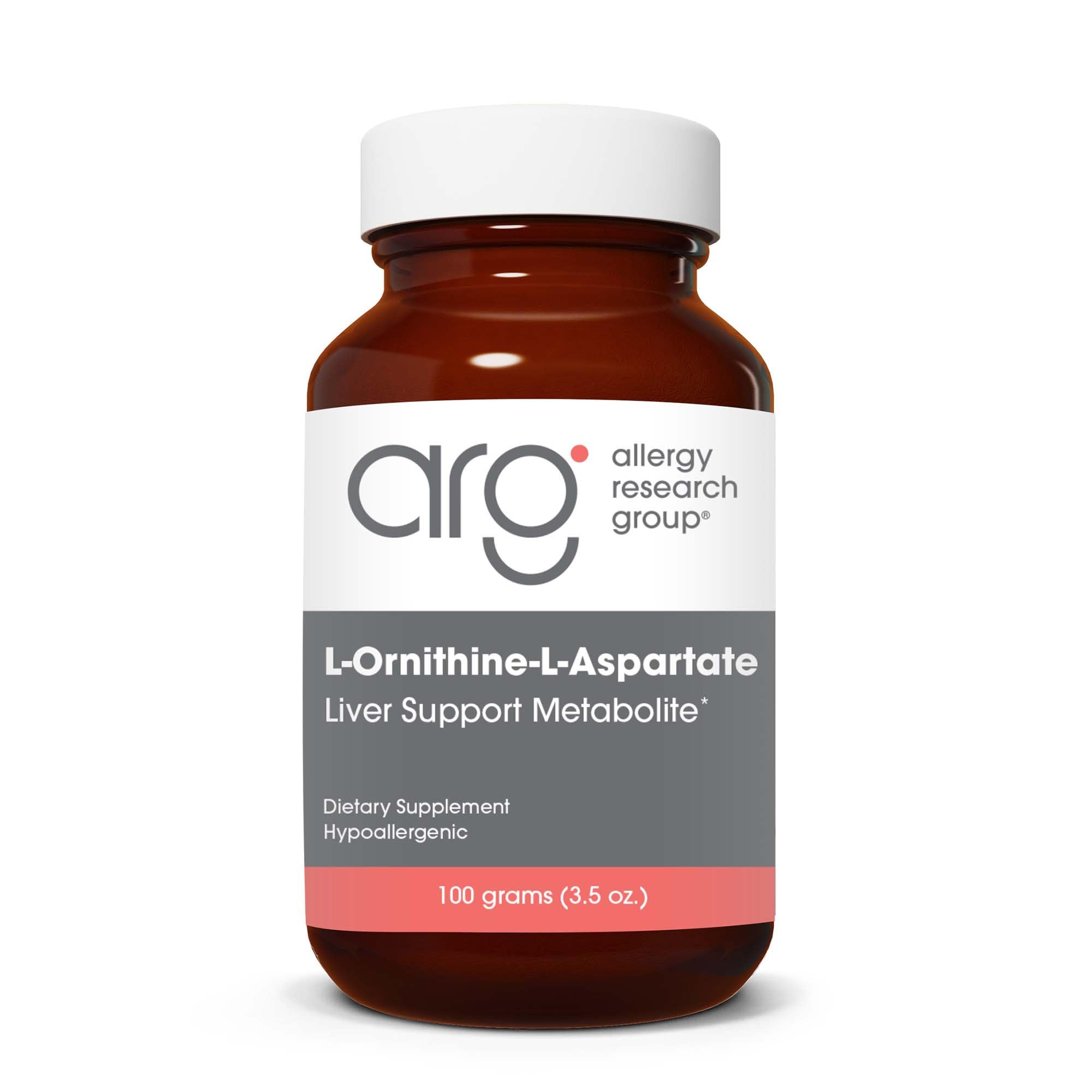 Allergy Research Group polvo L-ornitina-L-aspartato en envase, posible apoyo a la función hepática.