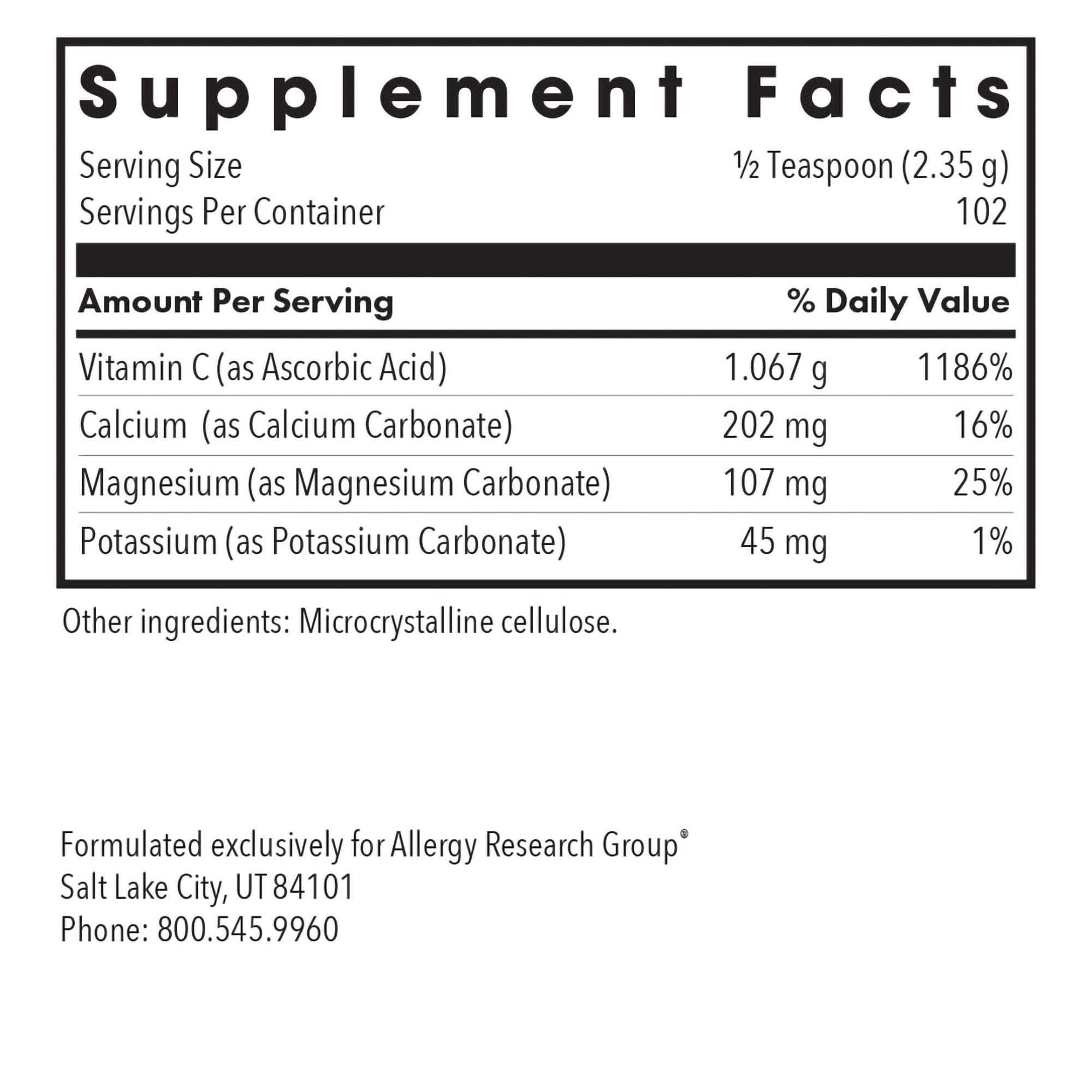 Allergy Research Group Vitamina C Bufferada, etiqueta clara para uso diario.
