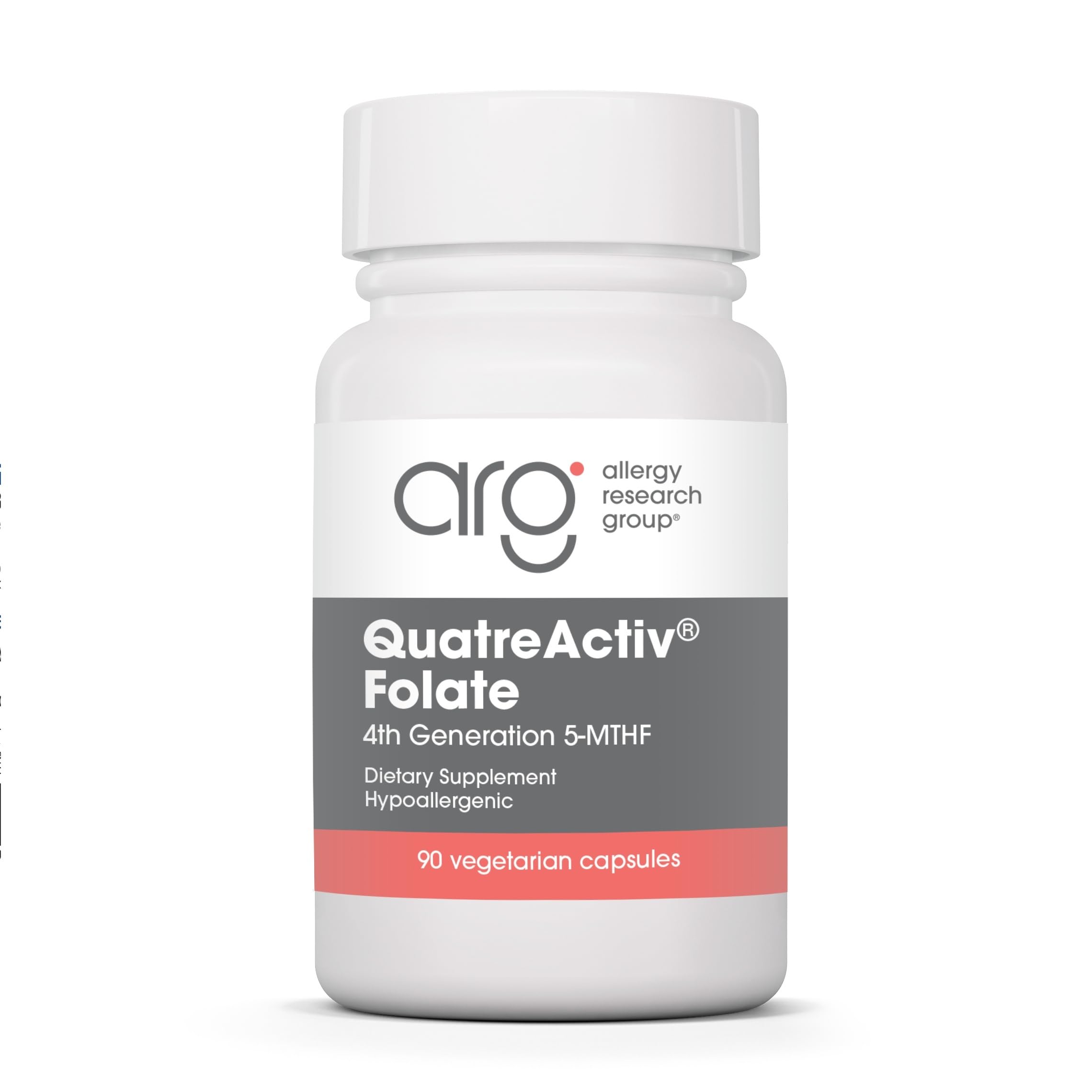 Allergy Research Group QuatreActiv Folato, botella, fuente de folato biodisponible para uso diario.
