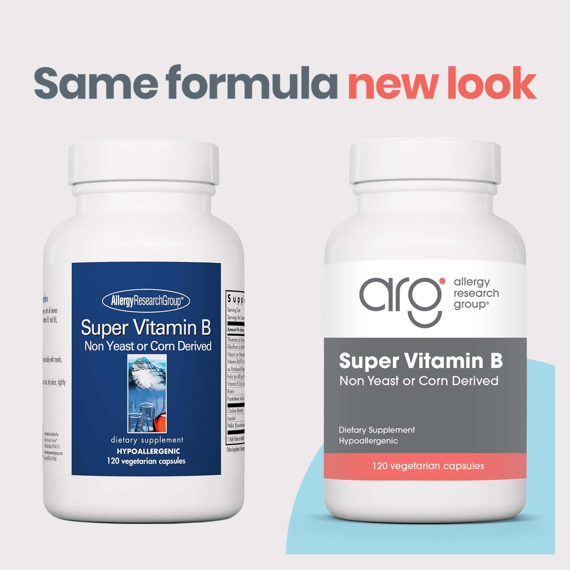 Allergy Research Group Super Vitamina B, frasco con etiqueta clara para dosis diarias.