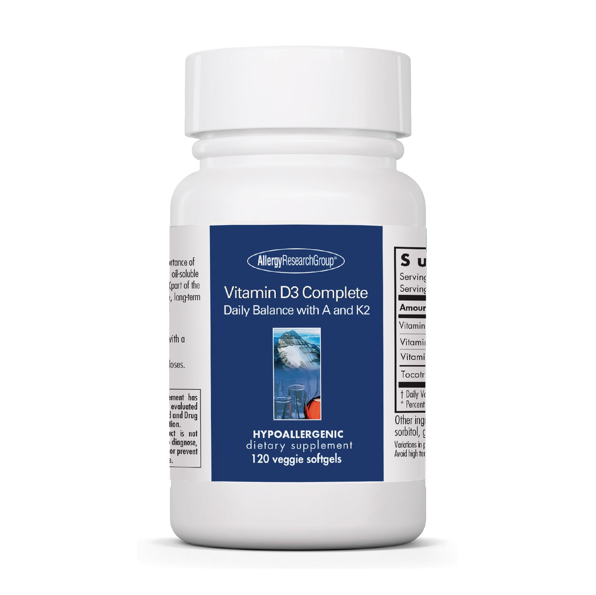 Allergy Research Group Vit D3 Complete, botella vertiendo, apoyo diario para niveles estables de vitamina D.
