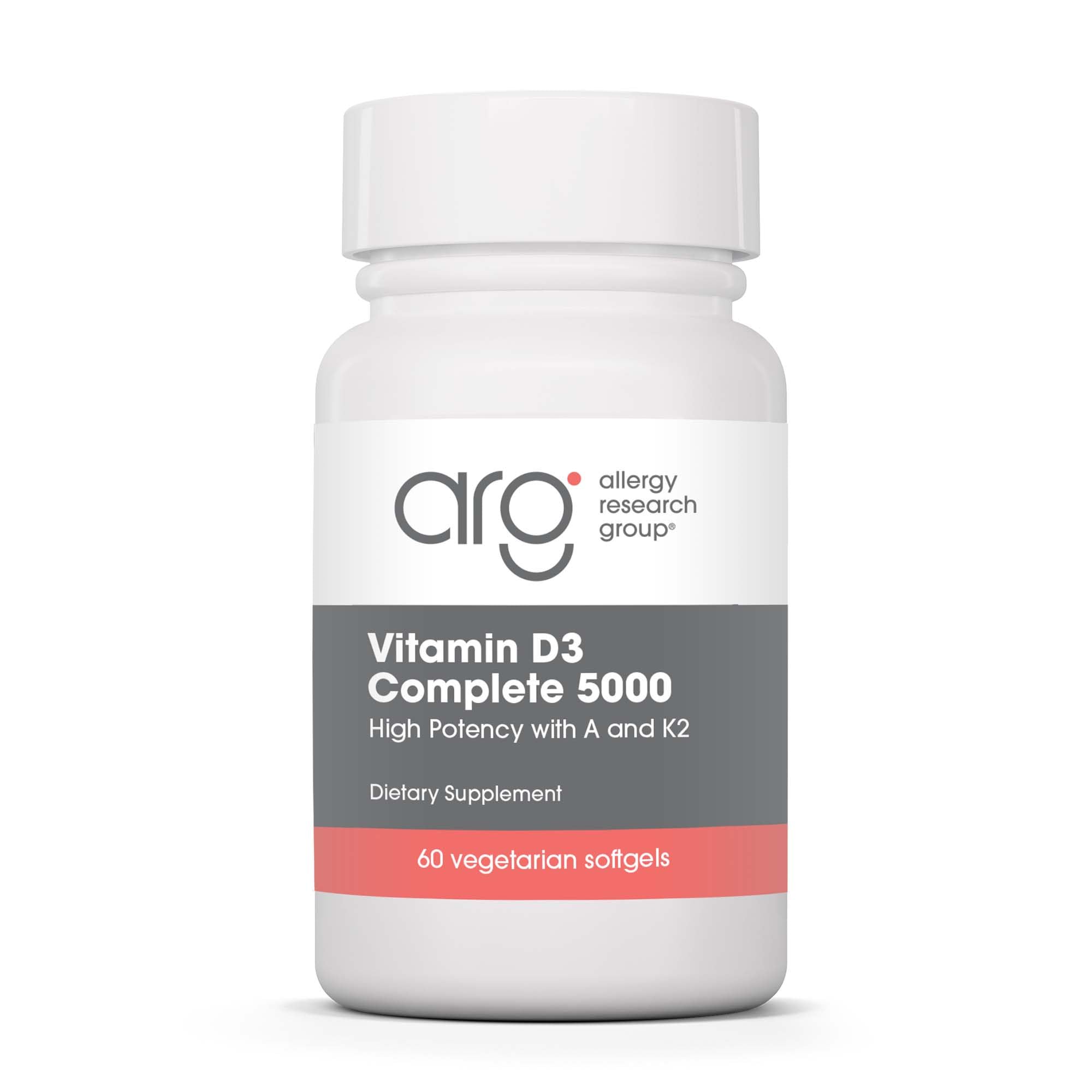 Allergy Research Group Vitamin D3 Complete 5000 en botella, apoyo diario para la salud ósea.