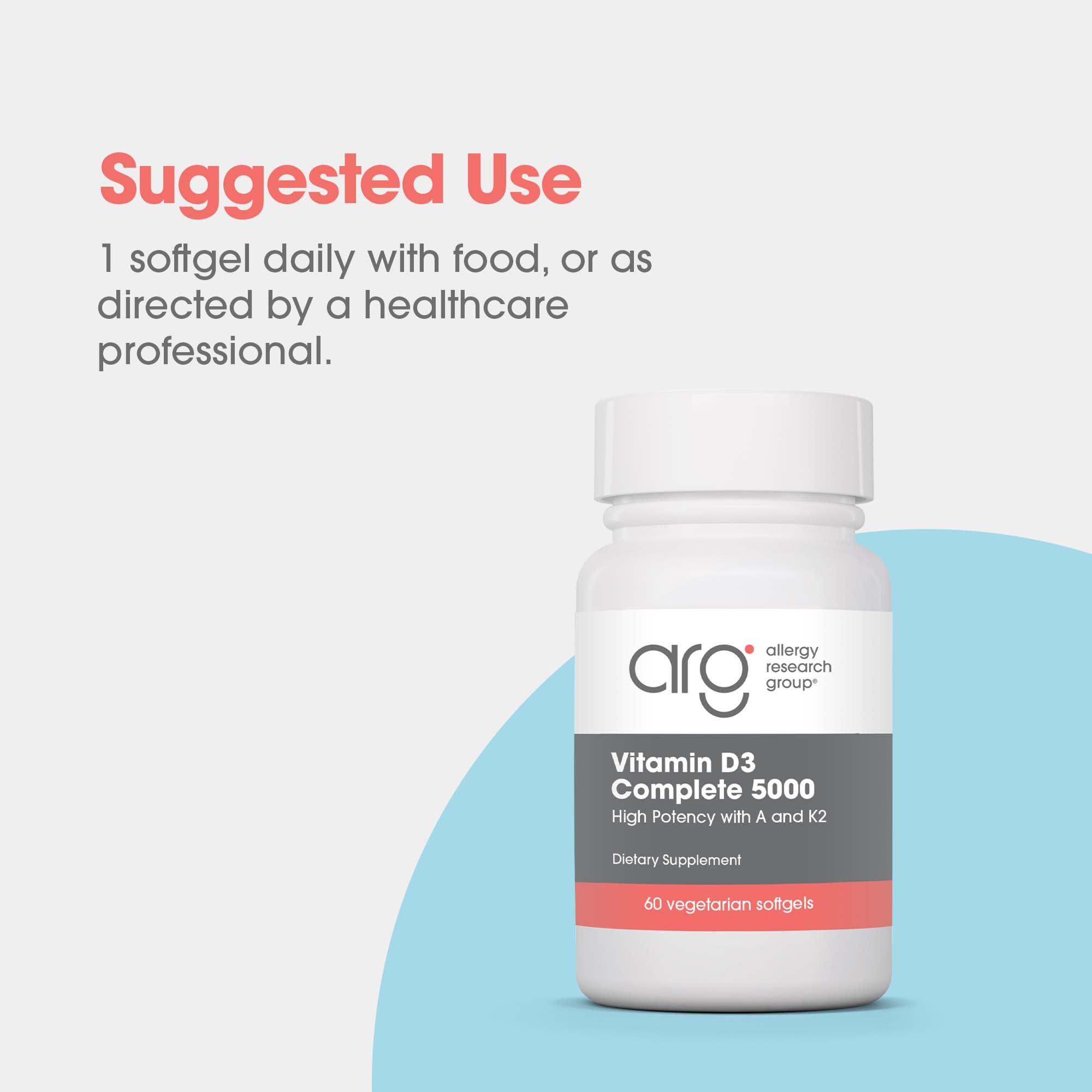 Allergy Research Group Vitamin D3 Complete 5000, copa de agua con cápsulas para toma diaria.