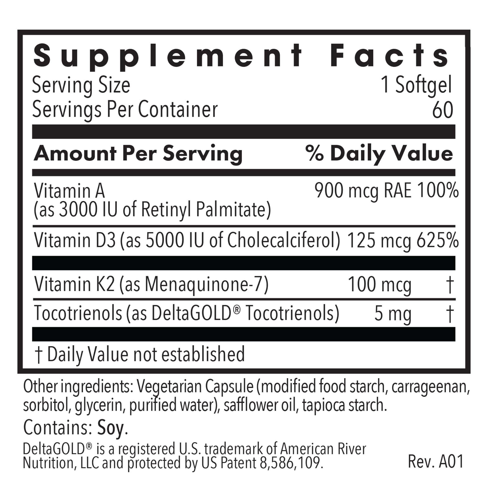Allergy Research Group Vitamin D3 Complete 5000, etiqueta clara que resalta A y K2.