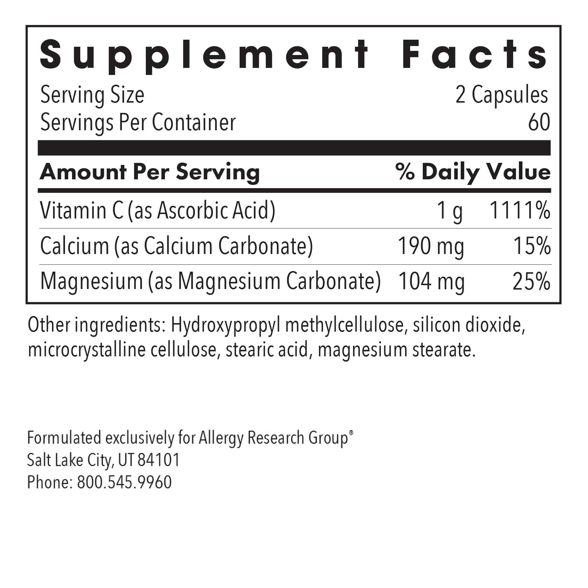 Allergy Research Group Vitamina C Amortiguada cápsulas para consumo diario.