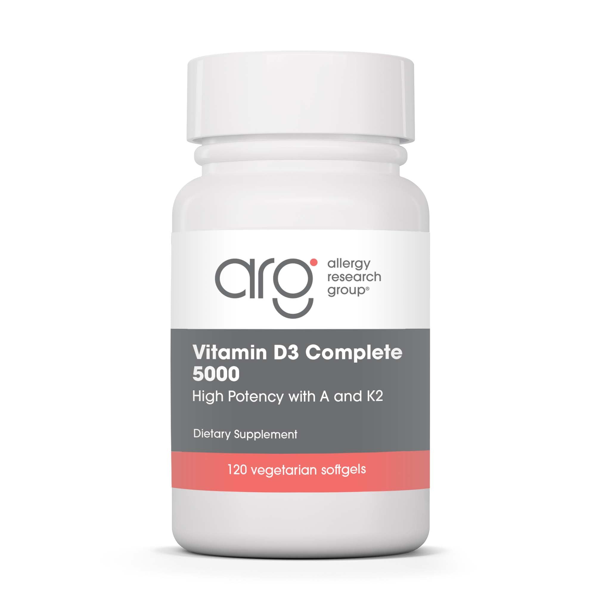 Allergy Research Group Vitamina D3 Complete, bote con cápsulas, apoyo a la salud ósea y función inmune.