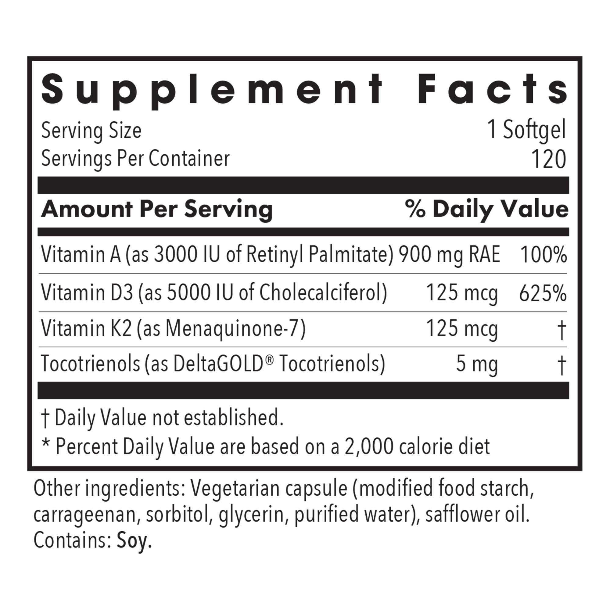 Etiqueta clara de Vitamina D3 Complete muestra dosis diarias y ingredientes.