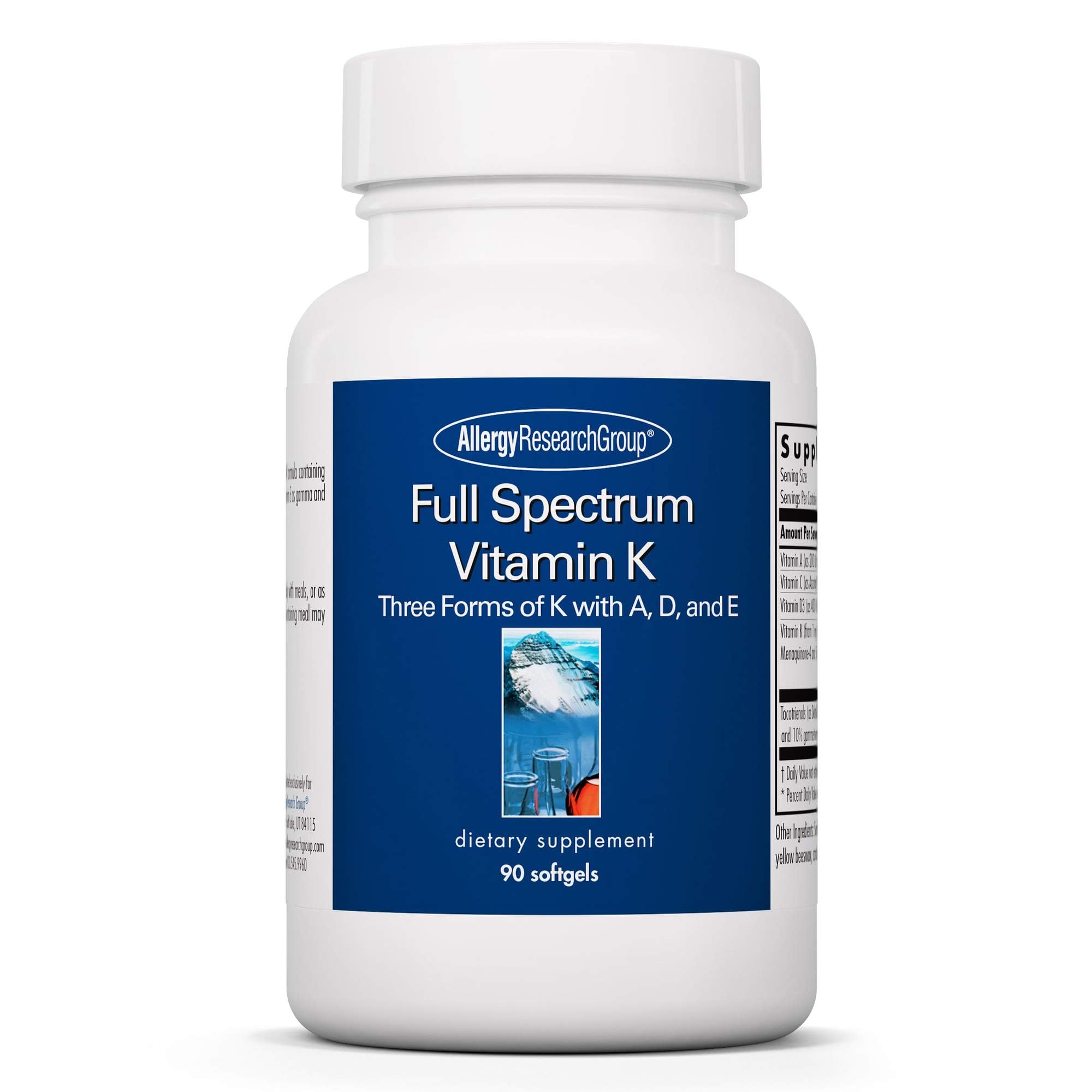 Allergy Research Group Vitamin K de espectro completo, botella con cápsulas y apoyo potencial al metabolismo.