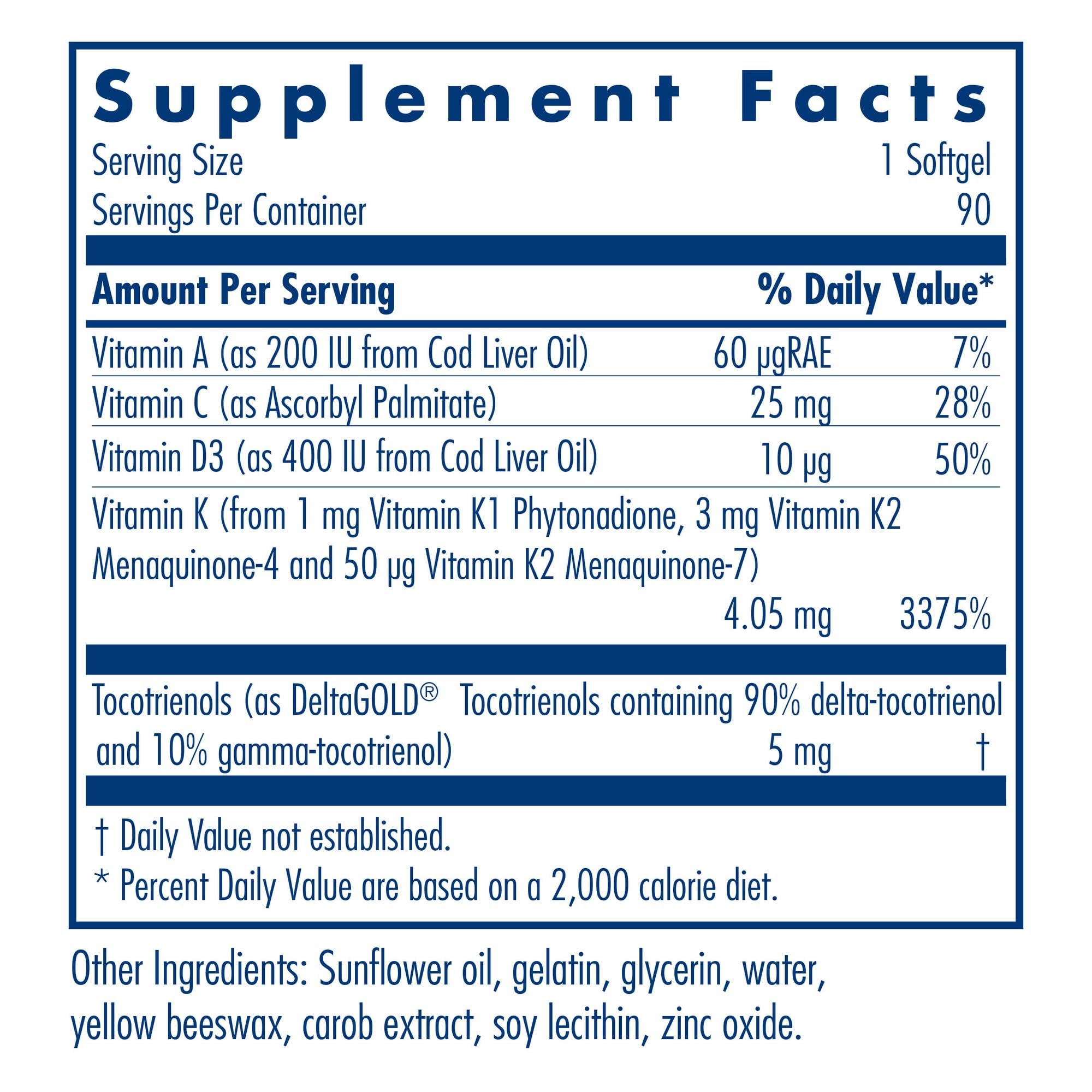 Etiqueta del Allergy Research Group Vitamin K de espectro completo con información de nutrientes.