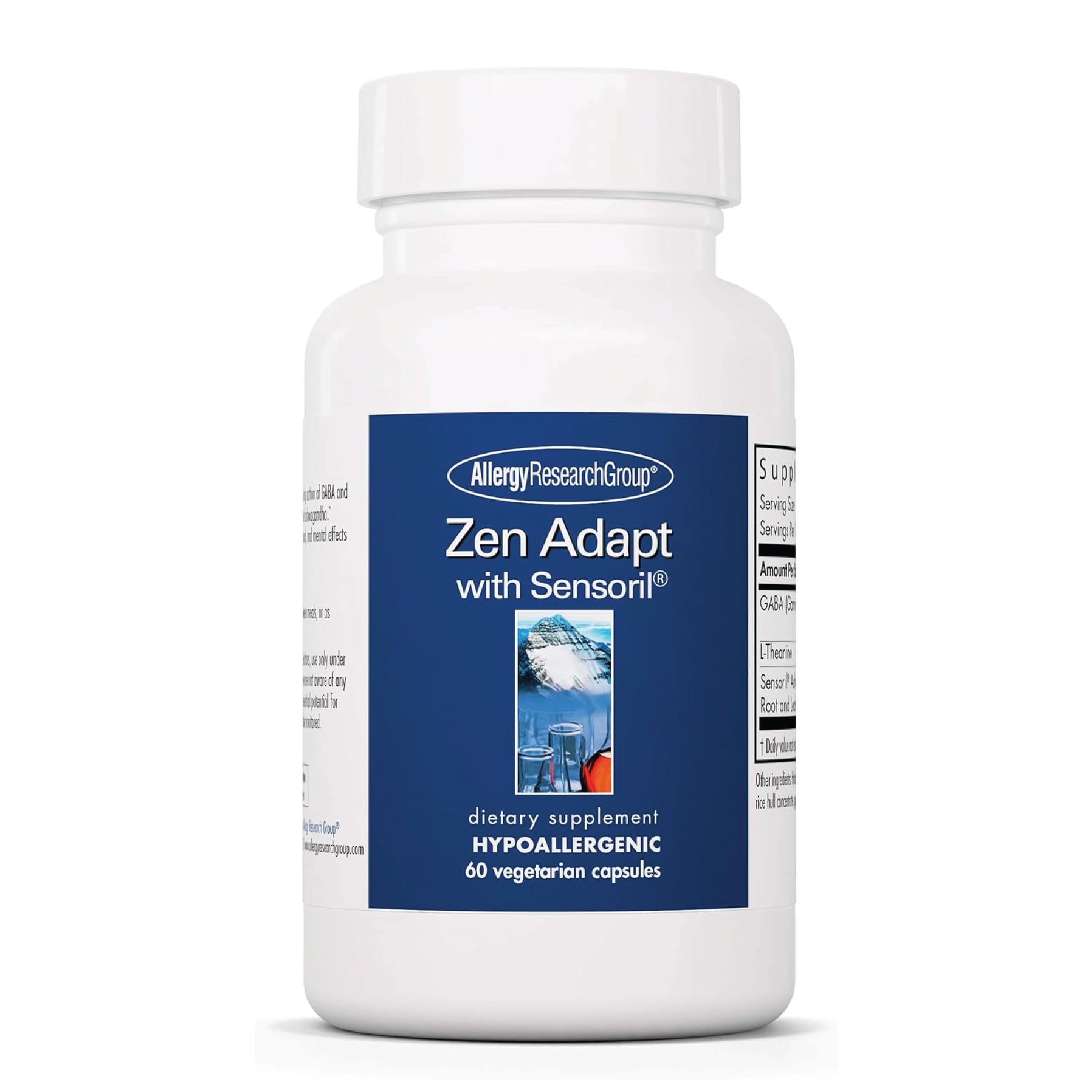 Zen Adapt de Allergy Research Group, bote visible, posible apoyo al manejo del estrés diario.