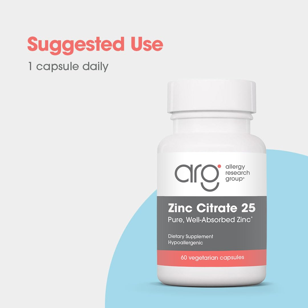 Allergy Research Group Zinc Citrate: etiqueta frontal con detalles de pureza