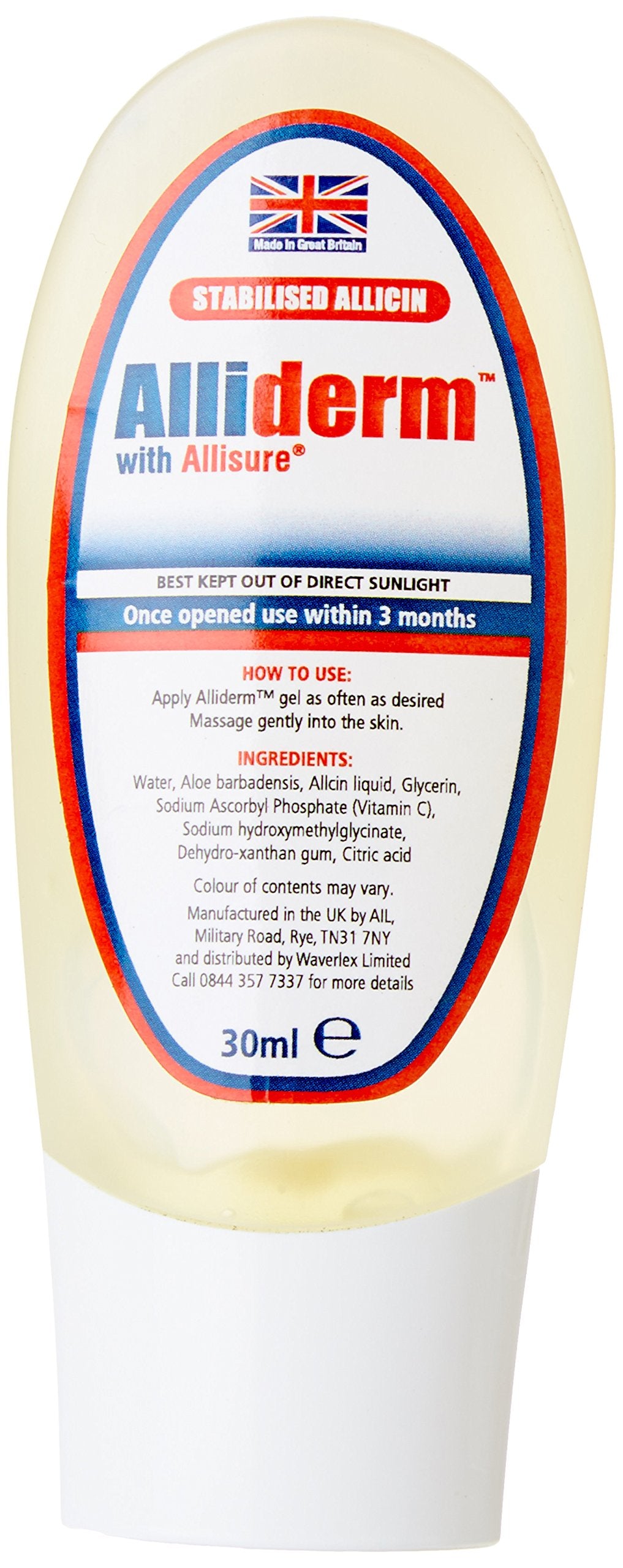AllicinMax Alliderm Gel 30 ml en tubo, hidratación ligera para uso diario.