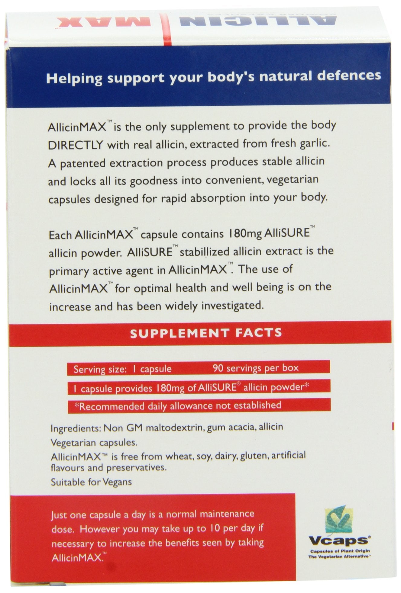 ALLICINMAX embalaje externo, protege la fórmula y mantiene la frescura para uso continuo.