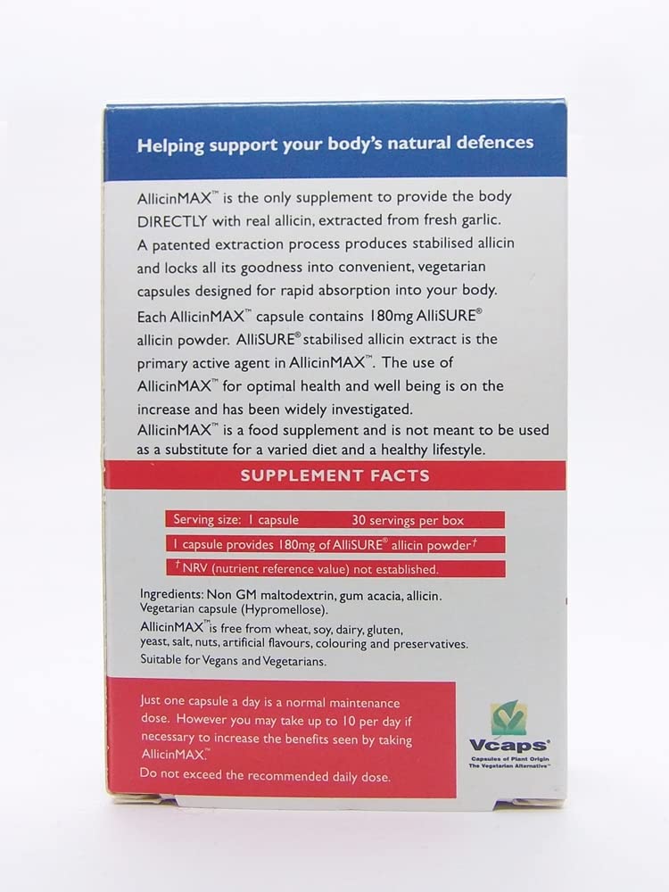 ALLICINMAX: etiqueta frontal que destaca la formulación estable de alicina.