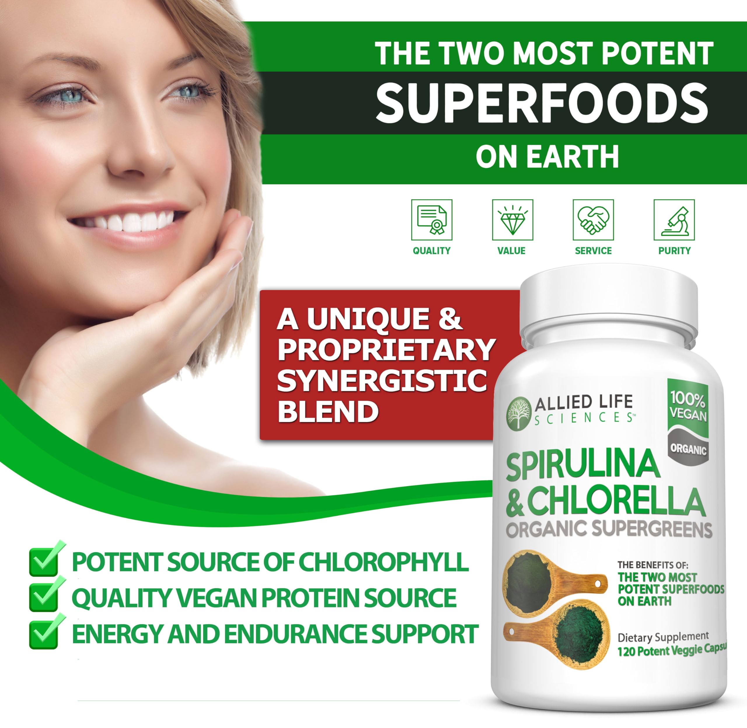Allied Life Sciences Spirulina y Chlorella: cápsulas fáciles de tragar para dieta vegetariana.