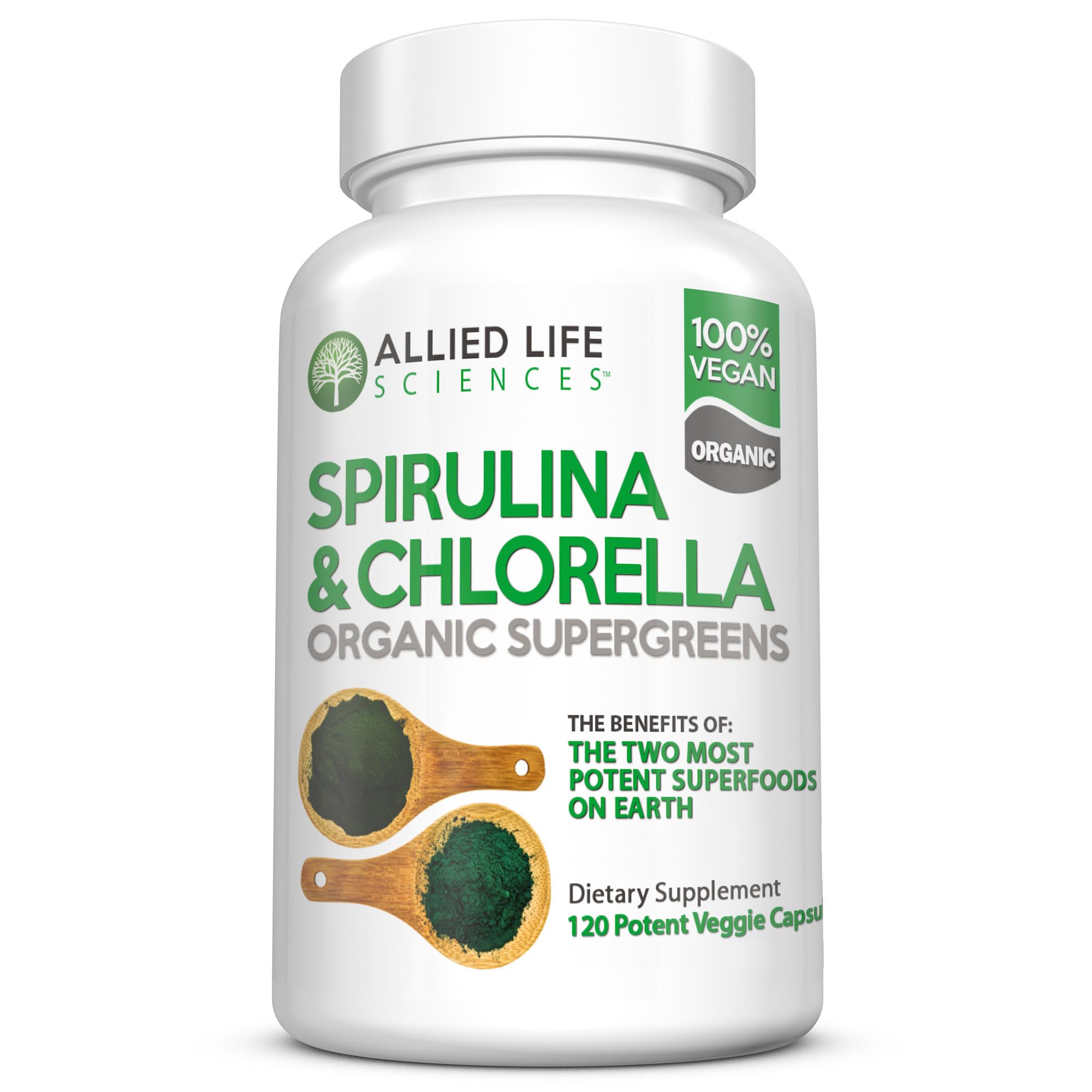 Allied Life Sciences Spirulina y Chlorella: empaque compacto para uso diario.