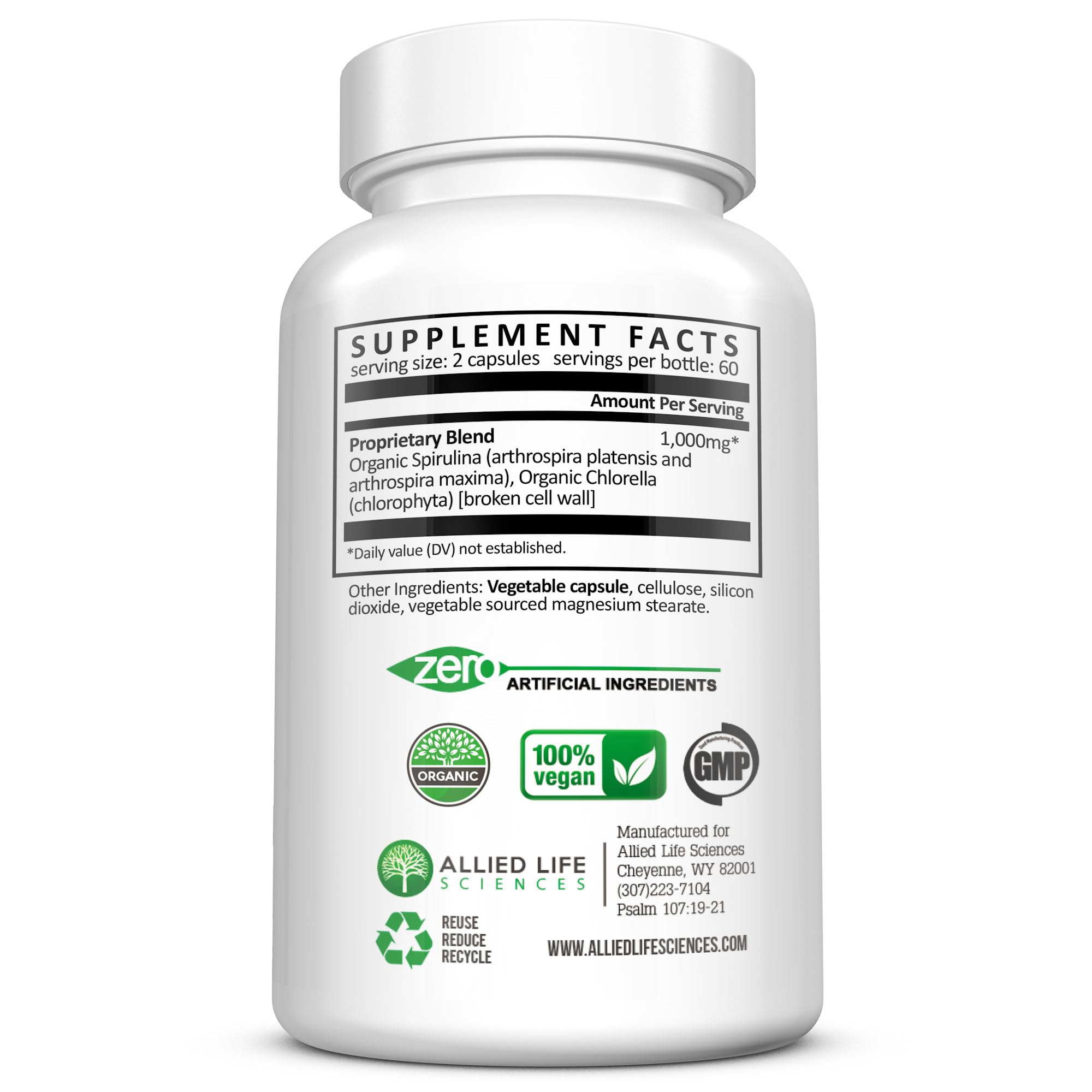 Allied Life Sciences Spirulina y Chlorella: etiqueta clara con información nutricional.