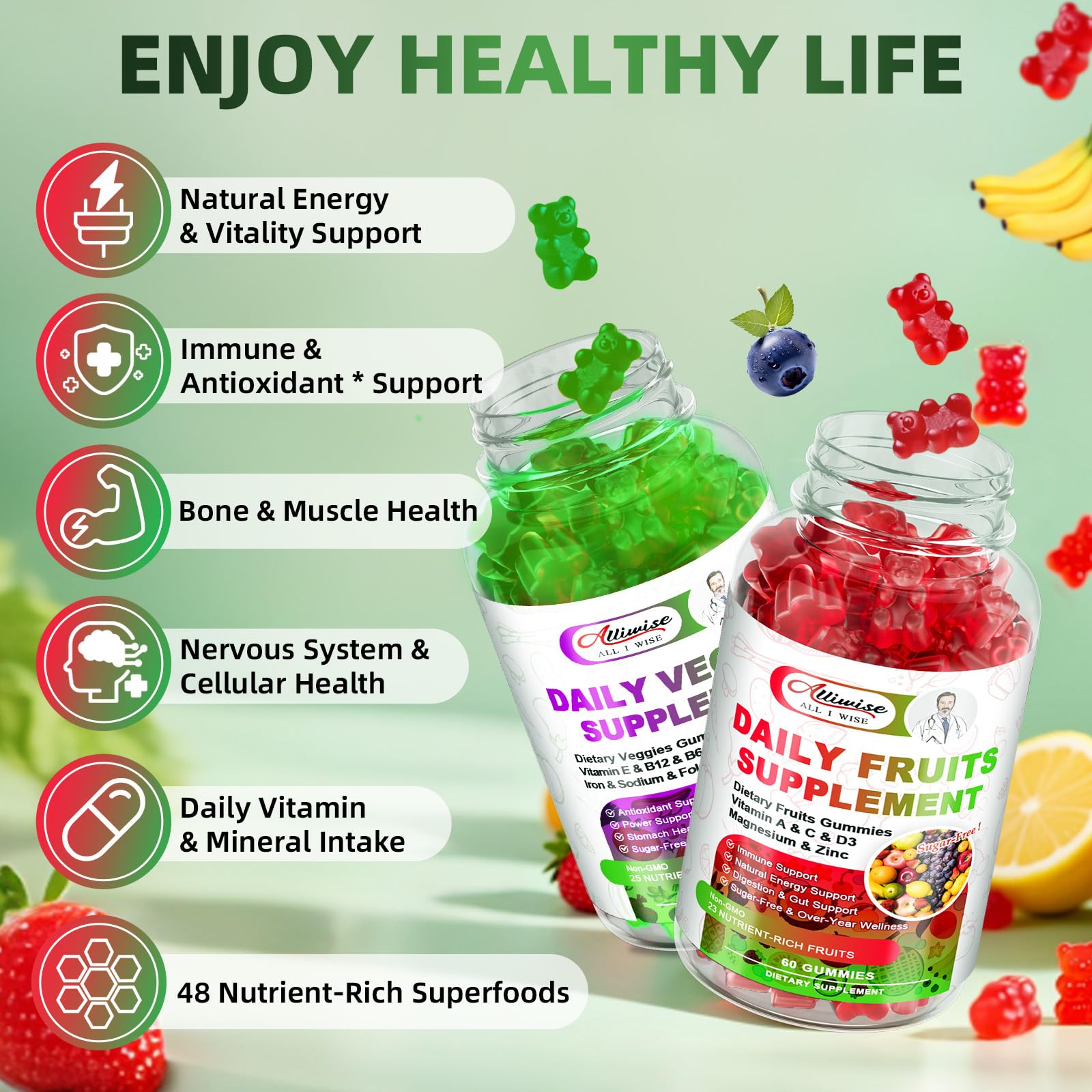 Alliwise gomitas-frutas-varias para impulso inmunitario suave.