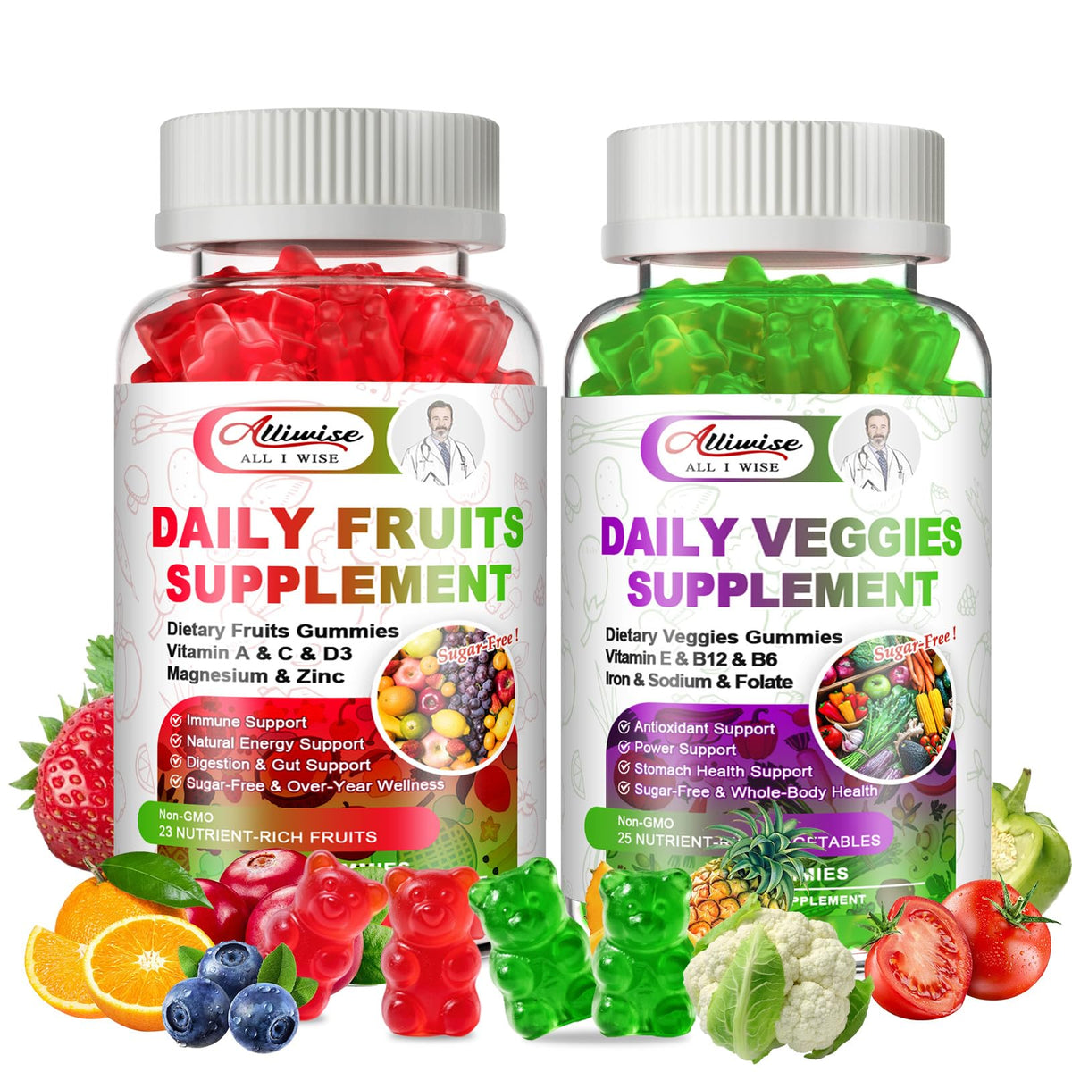 Alliwise gomitas-frutas-verduras sin azúcar en bote para energía diaria.