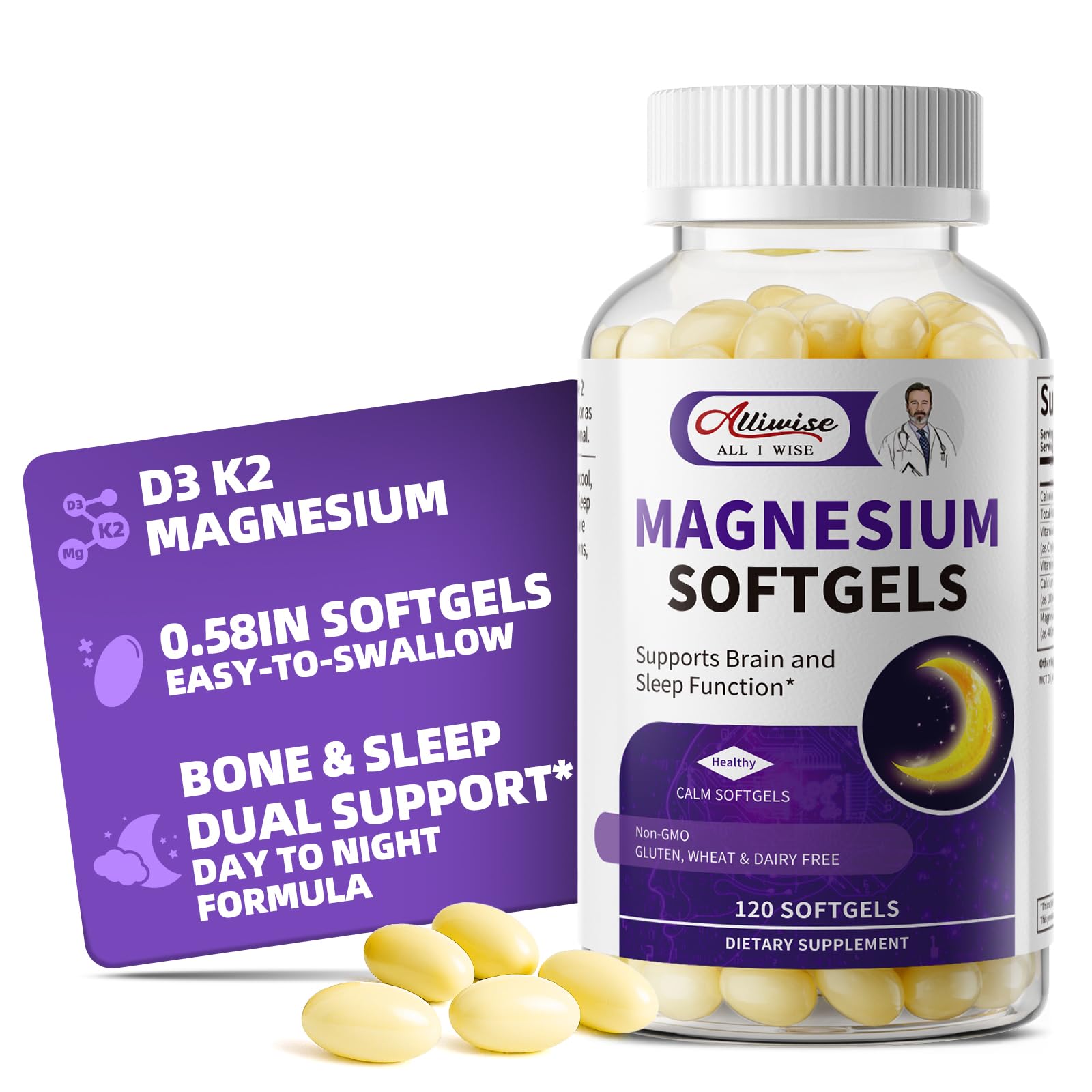 Alliwise glicinato de magnesio 400 mg, cápsulas suaves en botella para tomar fácilmente.