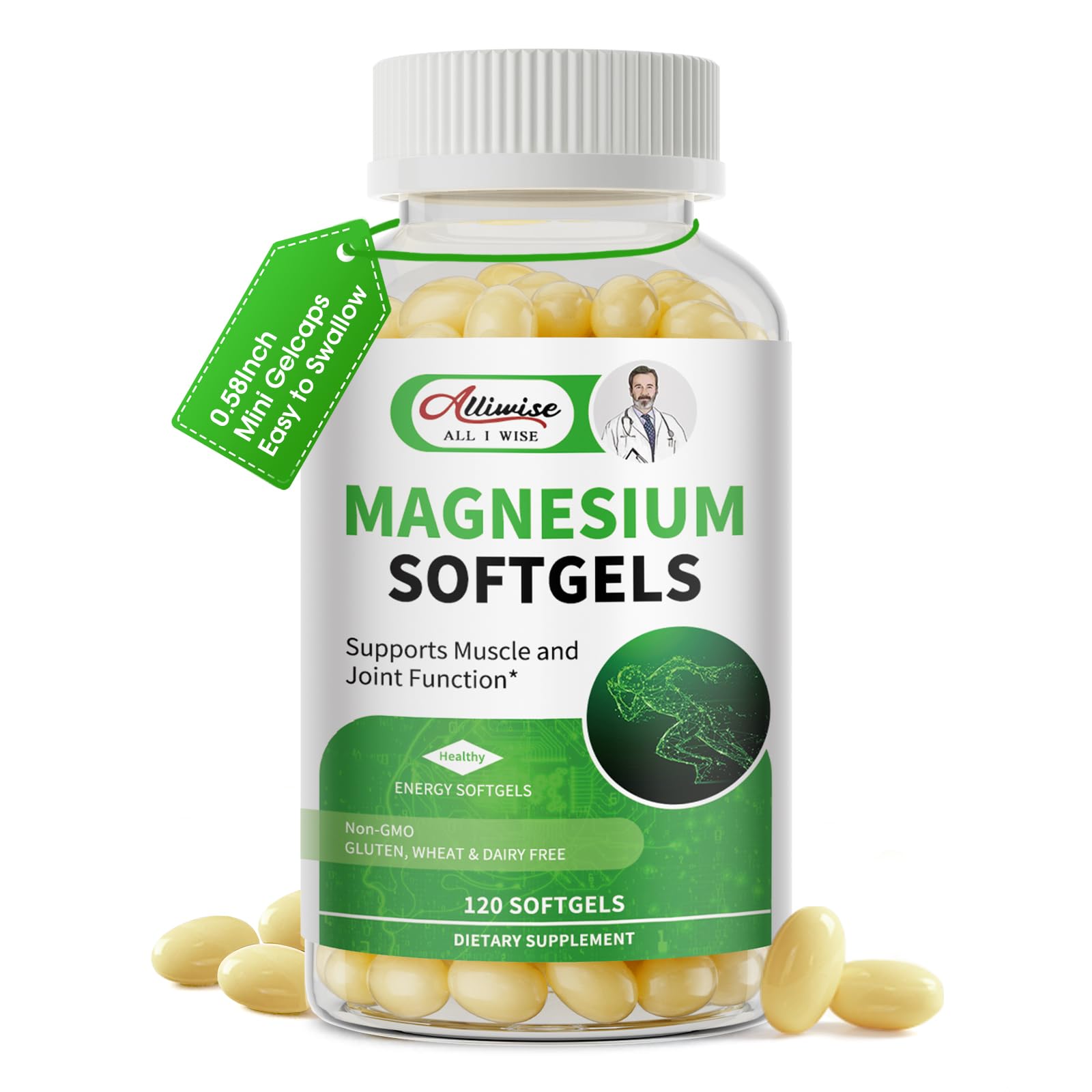 Alliwise glicinato de magnesio 500 mg, cápsulas en botella para uso diario.