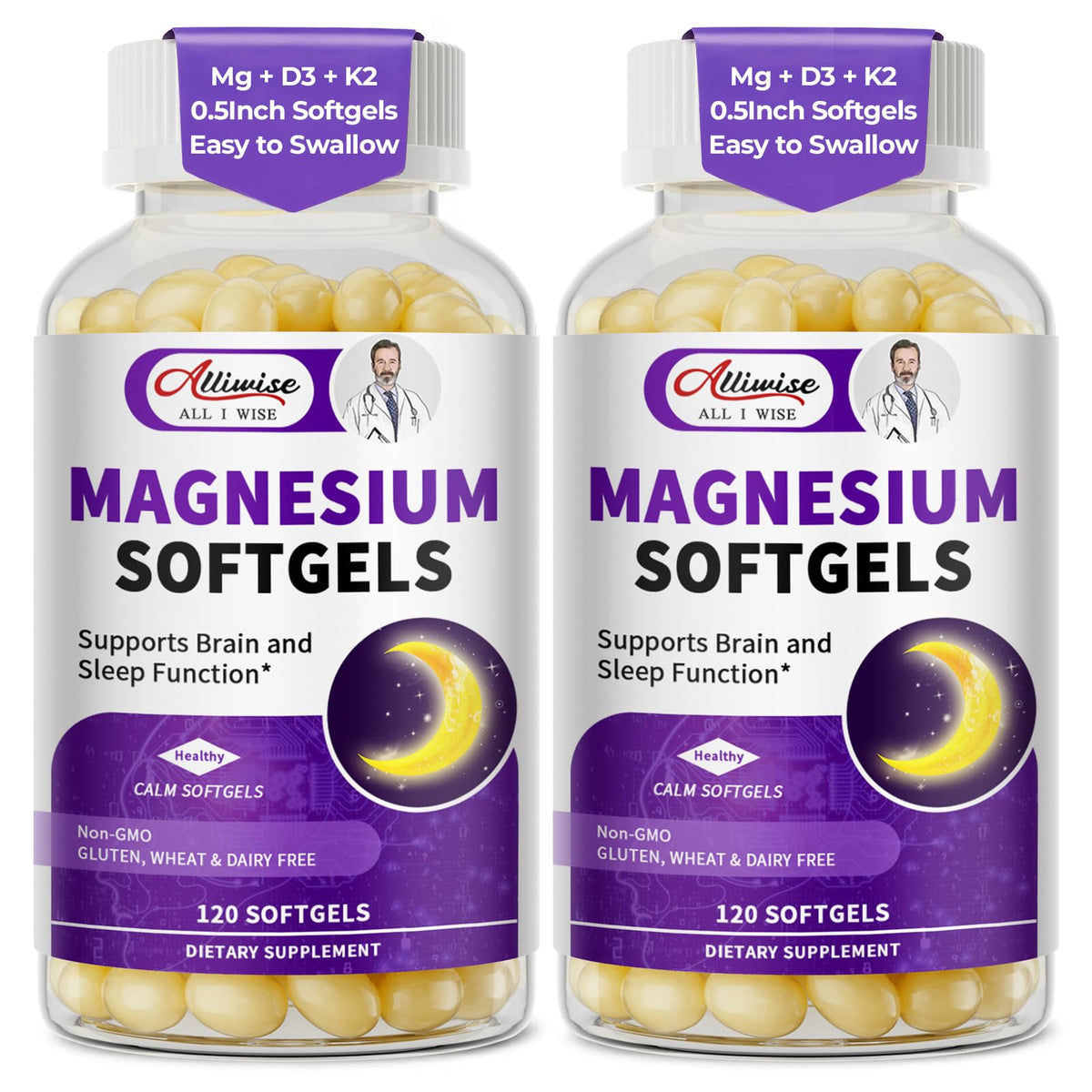 Alliwise magnesio glicinato 400 mg softgel en botella para toma diaria cómoda.