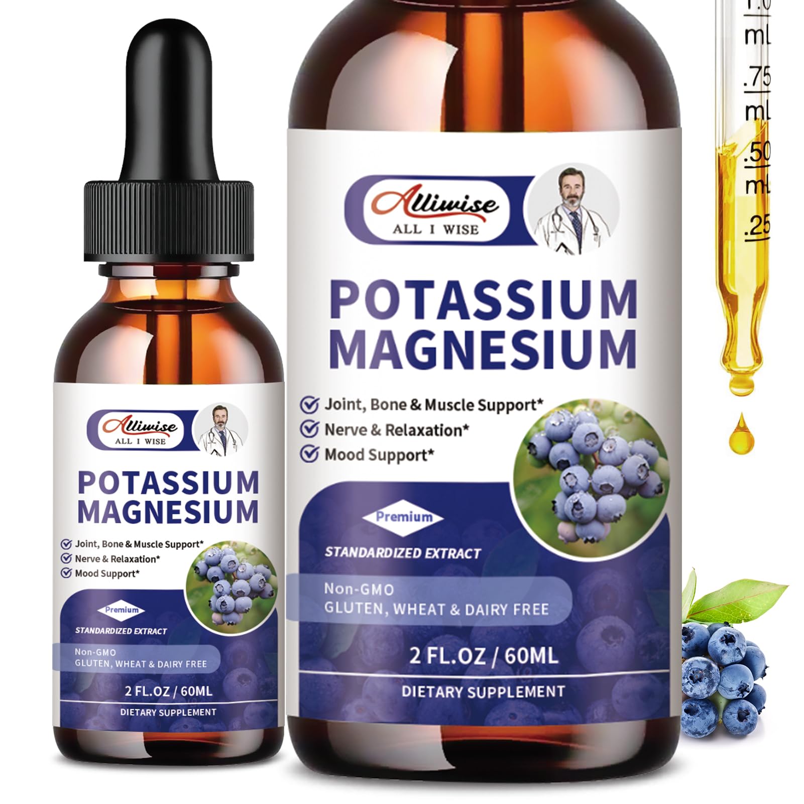 Alliwise gotas de potasio y magnesio, botella, apoyo muscular y bienestar diario