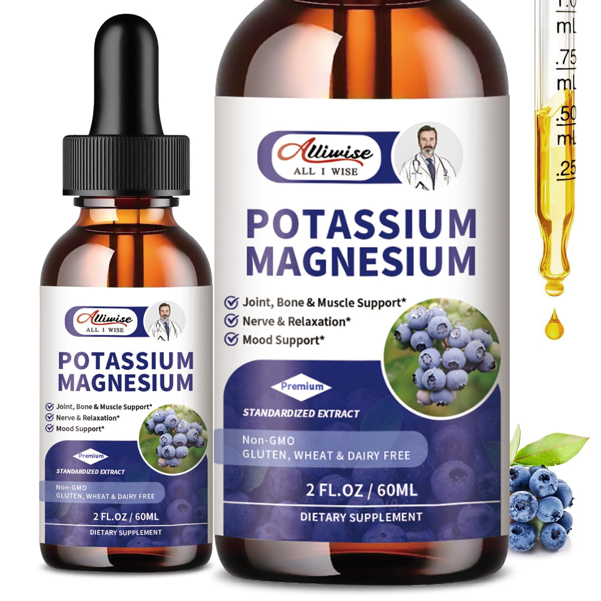 Alliwise gotas de potasio y magnesio, botella, apoyo muscular y bienestar diario