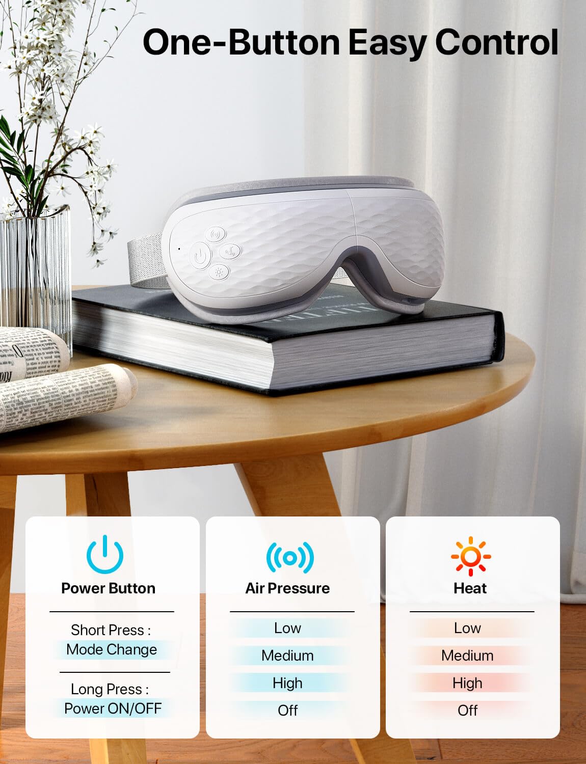 ALLJOY Masajeador ocular con calor profundo a 113°F para aliviar tensión.