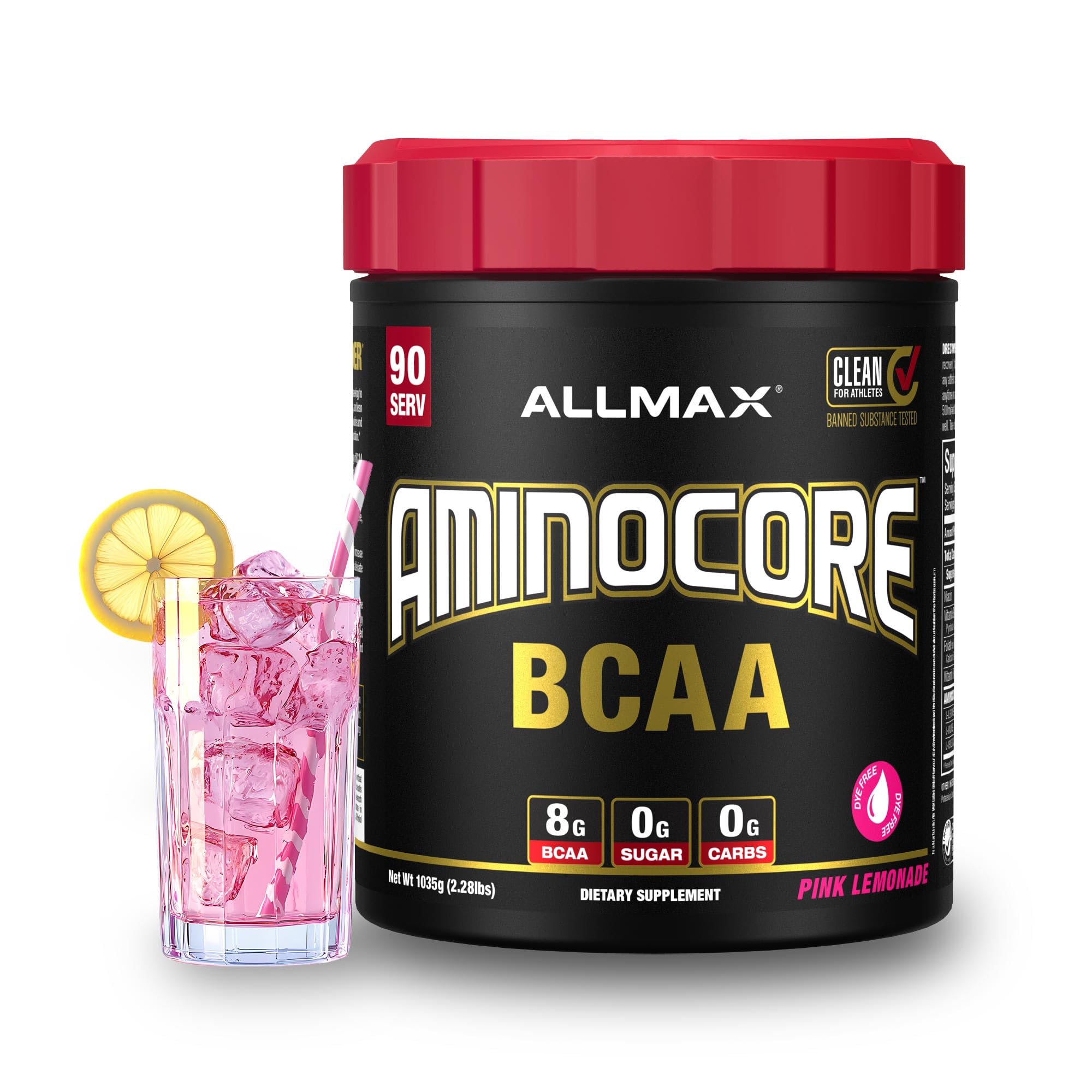 ALLMAX AminoCORE en bote limón rosado, listo para entrenar