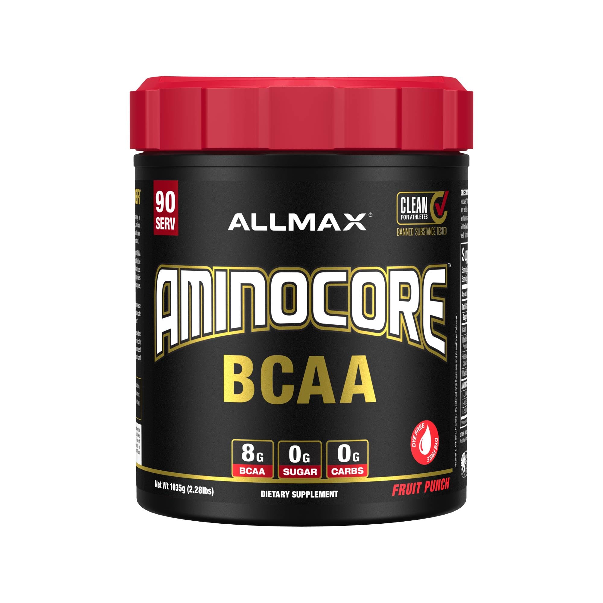 ALLMAX AMINOCORE sabor Fruta Punch en bote para entrenamiento diario.