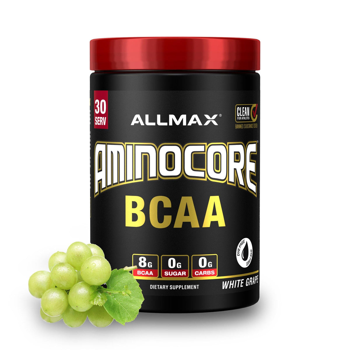 ALLMAX AminoCore polvo en vaso mezclador para recuperación muscular.