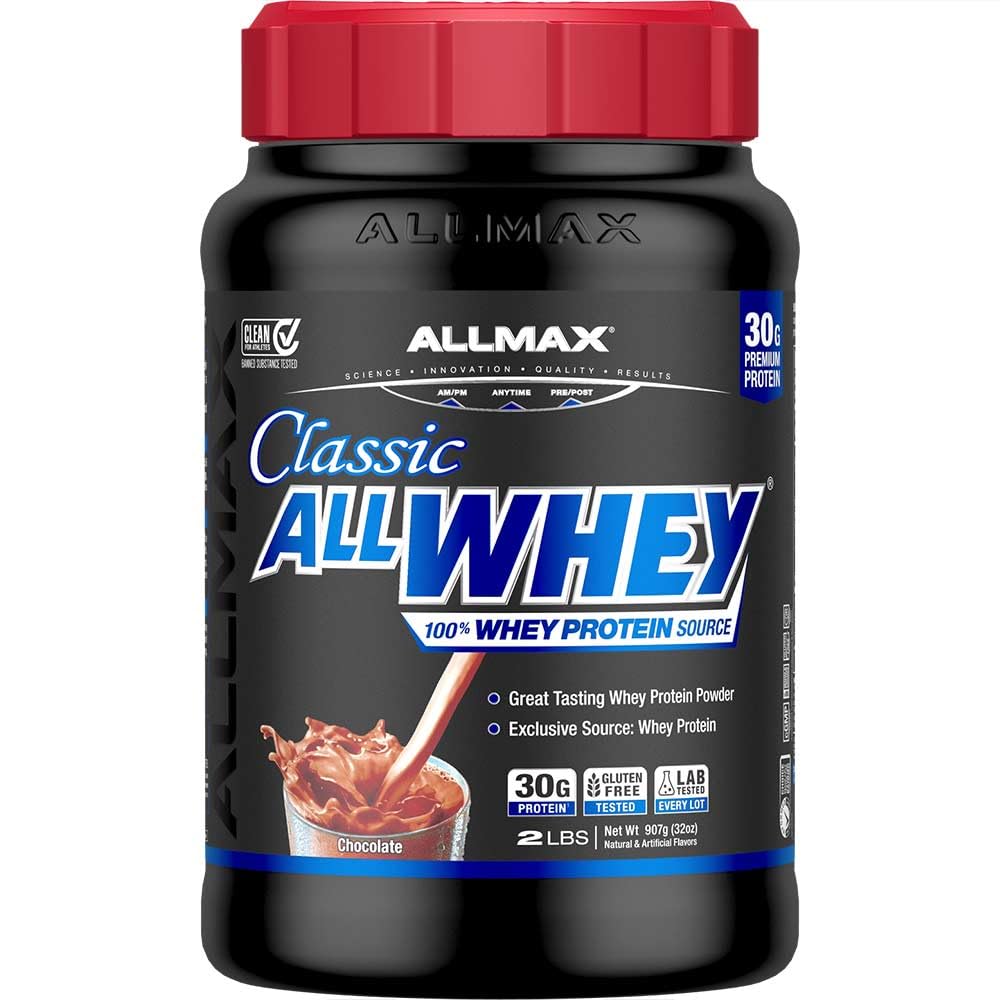 ALLMAX AllWhey chocolate batido en vaso para recuperación muscular