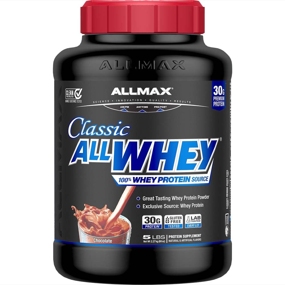 ALLMAX AllWhey Chocolate en bote de 5 libras para recuperación muscular diaria.