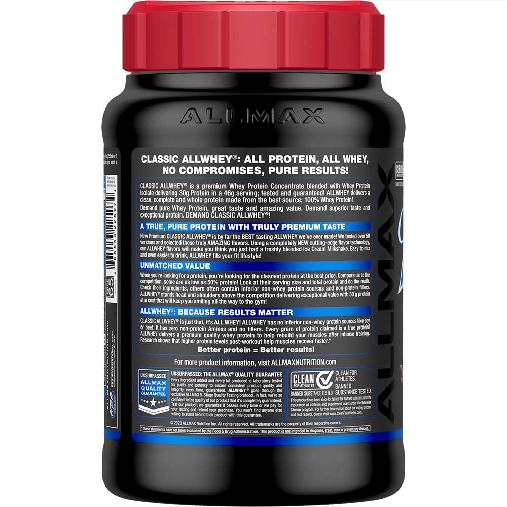 Bote ALLMAX Classic AllWhey chocolate dos libras para consumo diario