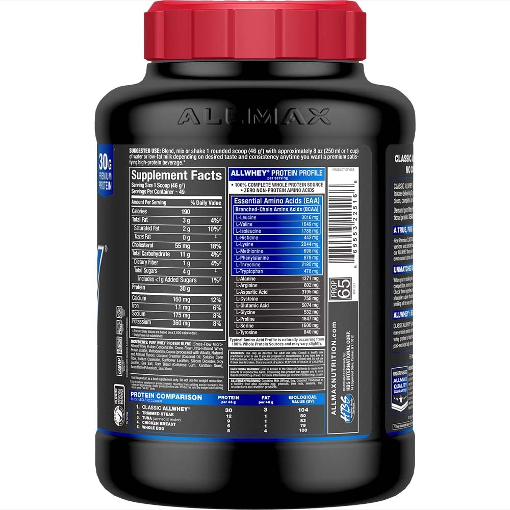 ALLMAX AllWhey Chocolate con cuchara medidora para dosificar proteína fácilmente.