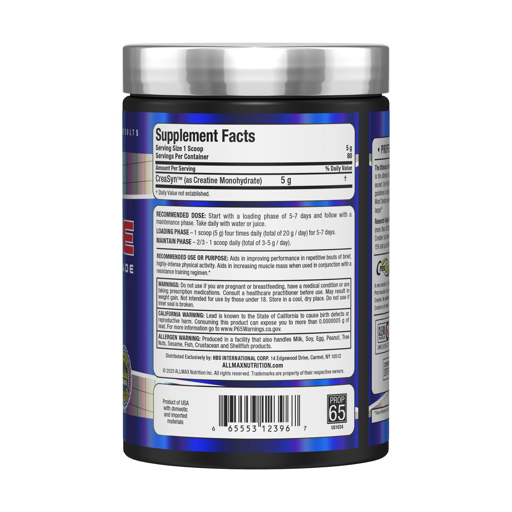 ALLMAX Creatina Monohidrato, envase 400 g para uso diario y conveniente.