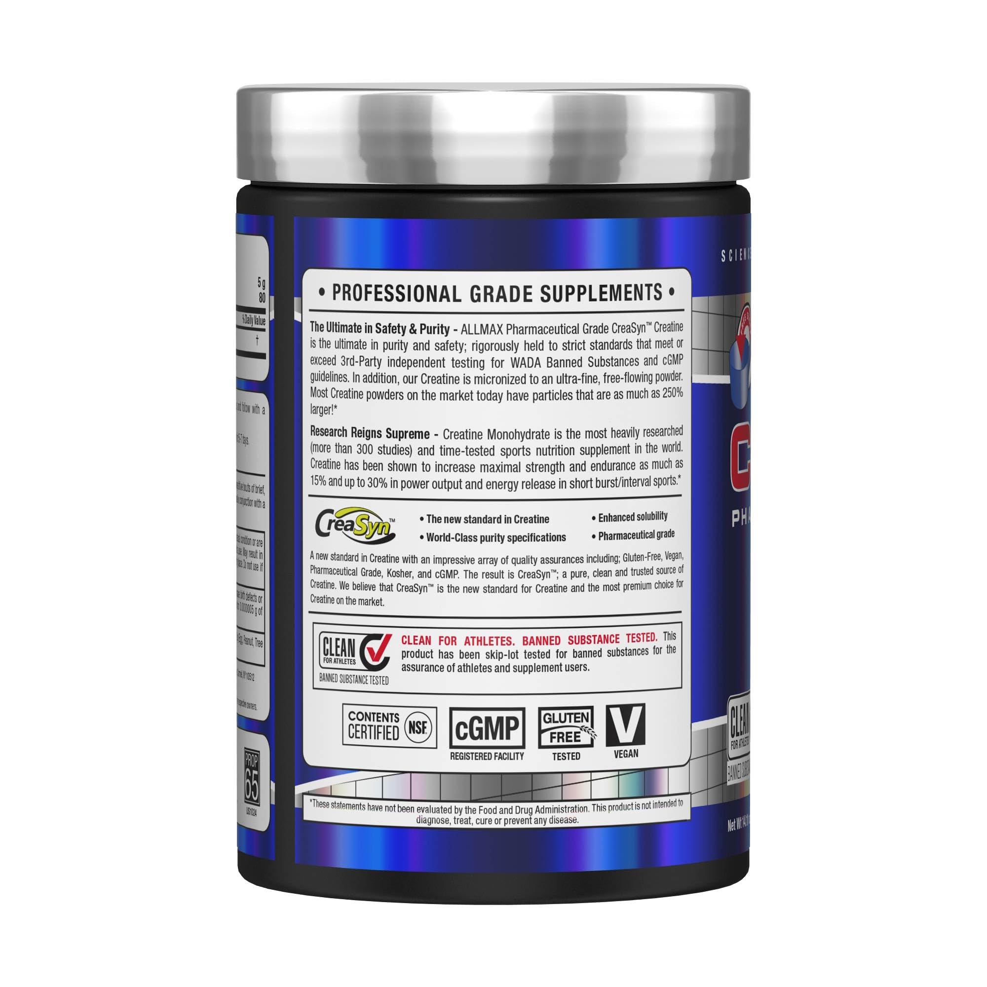 ALLMAX Creatina micronizada, textura ultra fina para disolución rápida en bebidas.