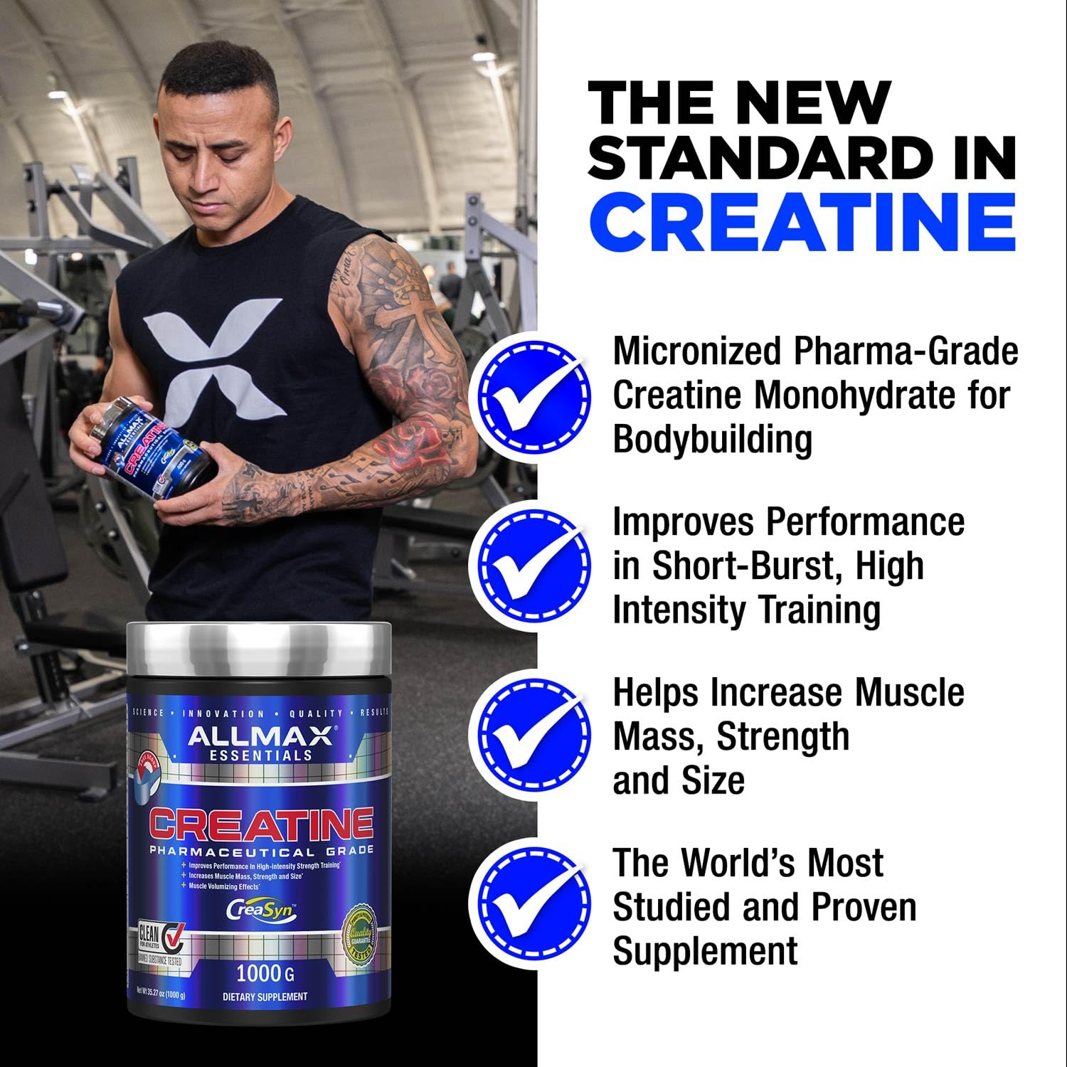 ALLMAX Creatina Monohidrato, uso diario compatible con dietas veganas.