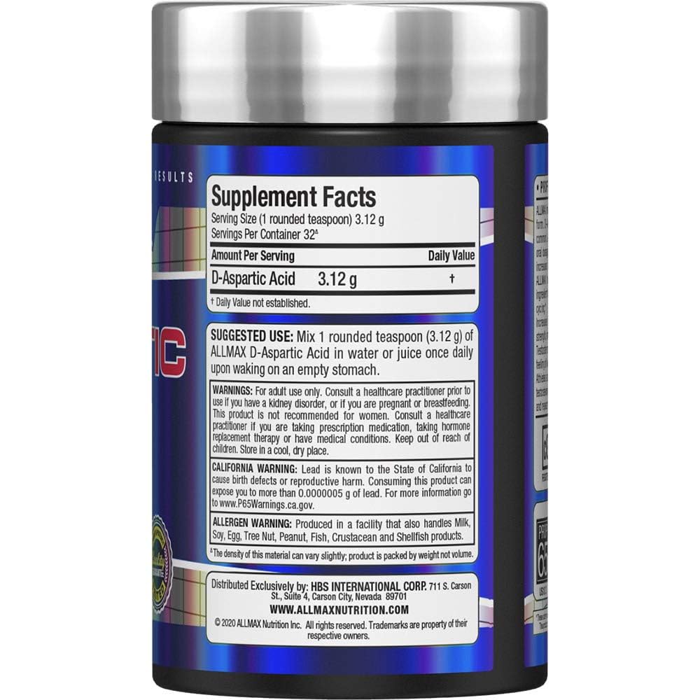 Etiqueta de ALLMAX D-aspartico mostrando fórmula de calidad