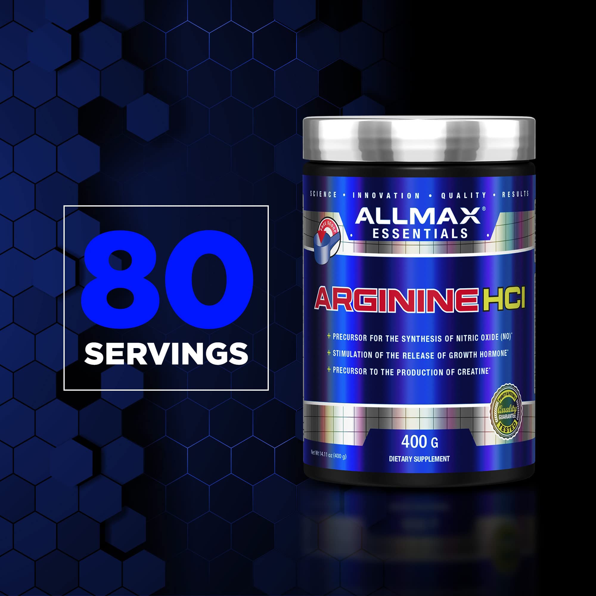 Etiqueta clara de ALLMAX Arginine HCL para verificación rápida.