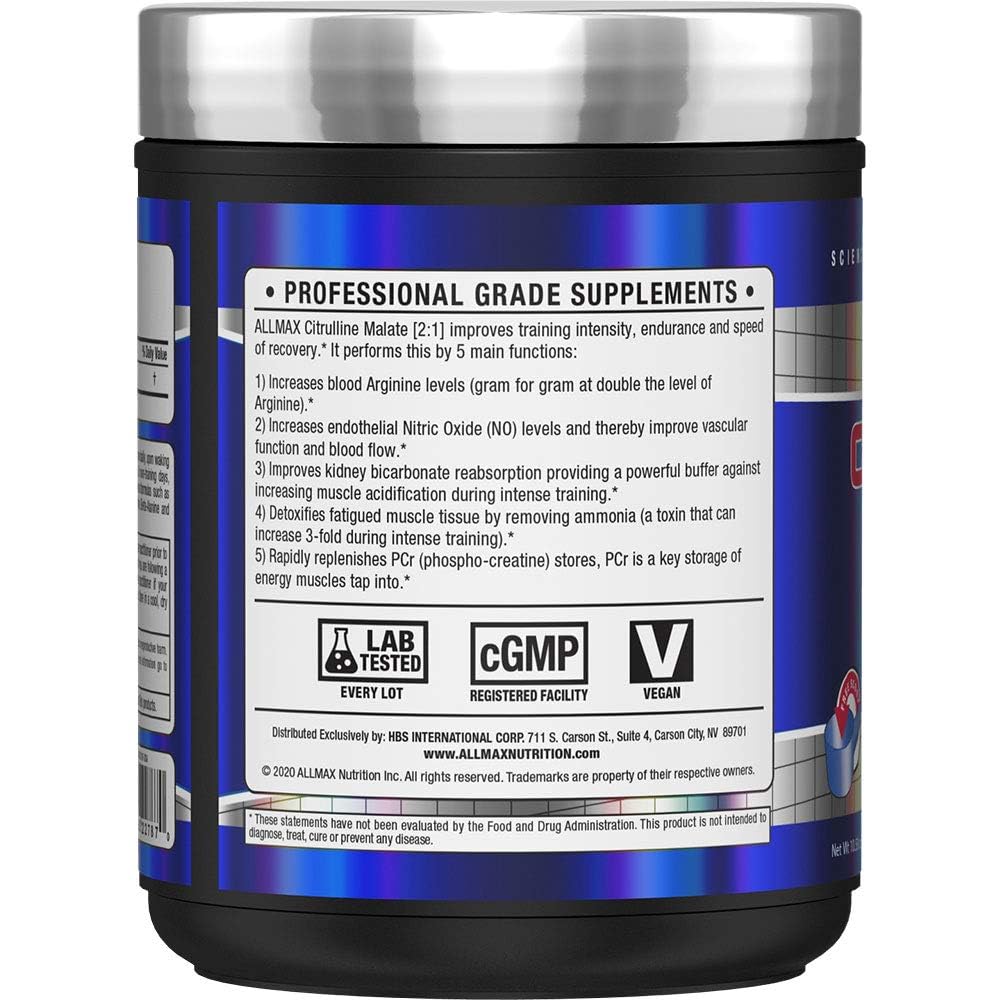 ALLMAX Essentials Citrulline Malate 2:1, dosis fácil para pre entrenamiento práctico.