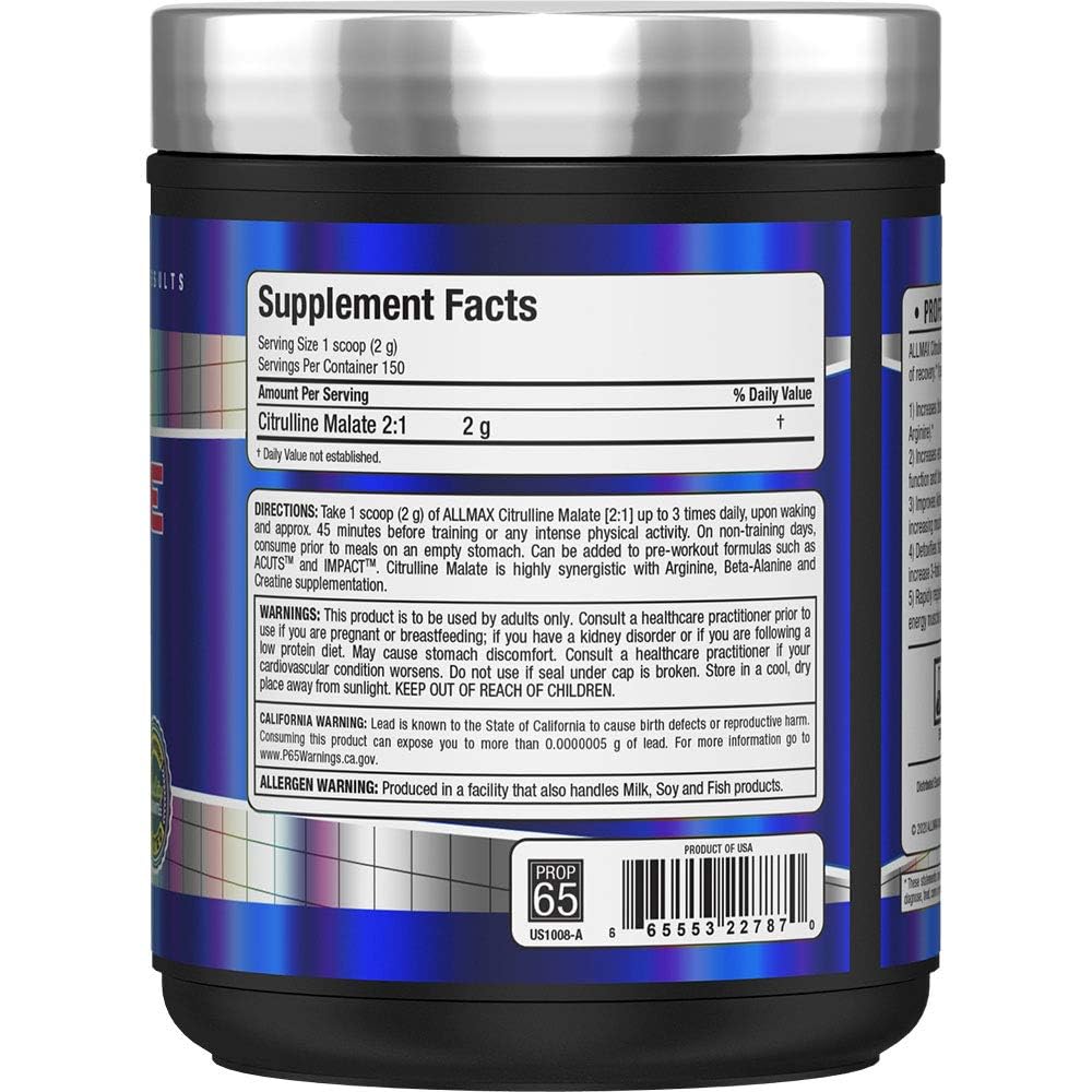 ALLMAX Essentials Citrulline Malate 2:1, ingredientes clave taurina y L-carnitina para energía.