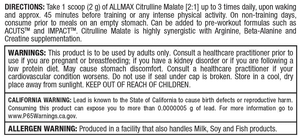 ALLMAX Essentials Citrulline Malate 2:1, sin azúcar y gluten para estilos de vida activos.