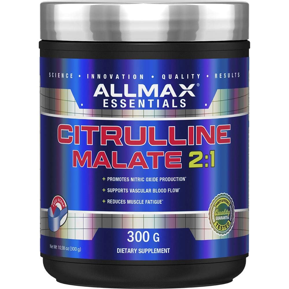 ALLMAX Essentials Citrulline Malate 2:1, presentación atractiva para entrenar con energía sostenida.